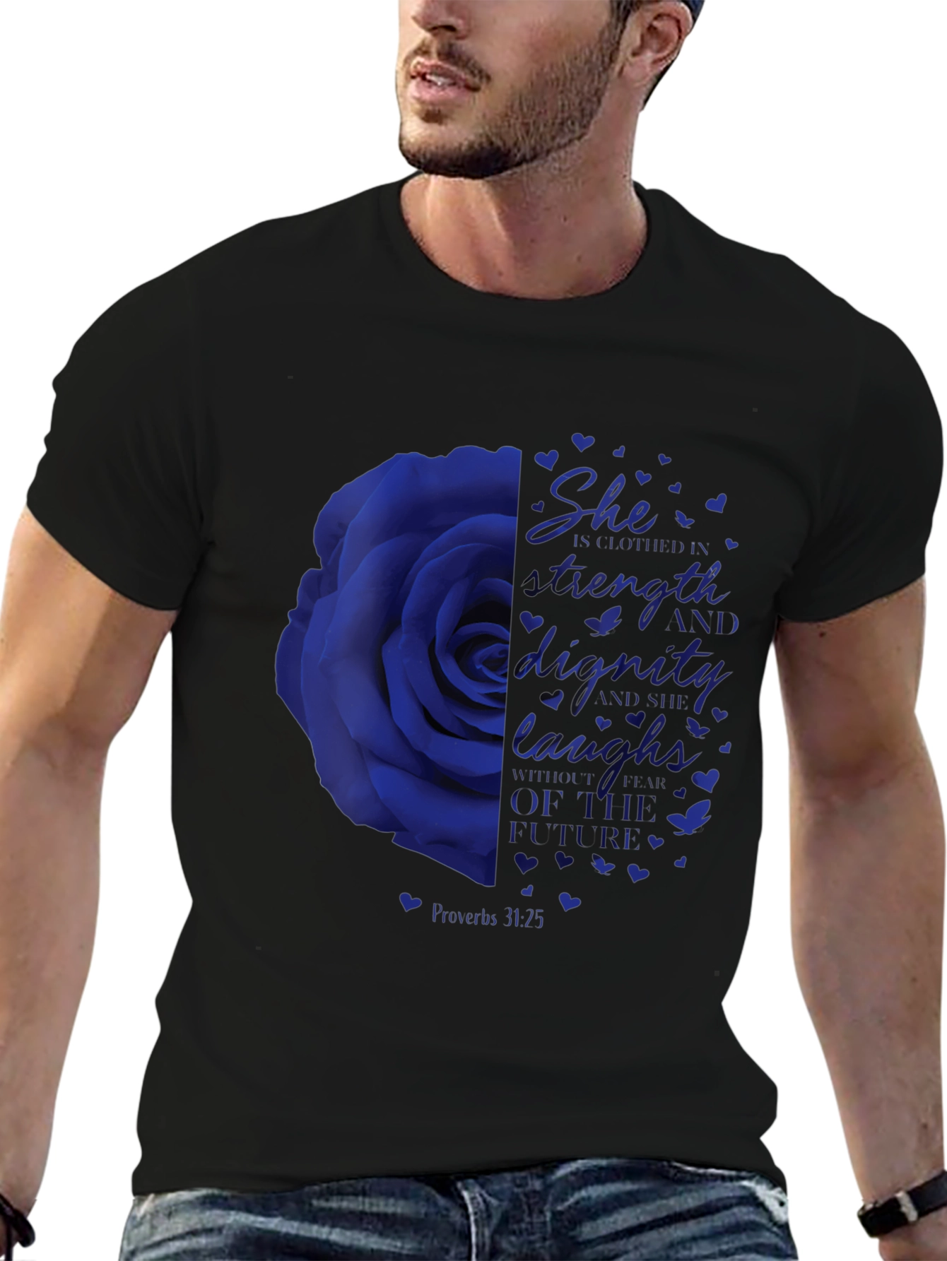 She is clothed in Strength Graphic Tee