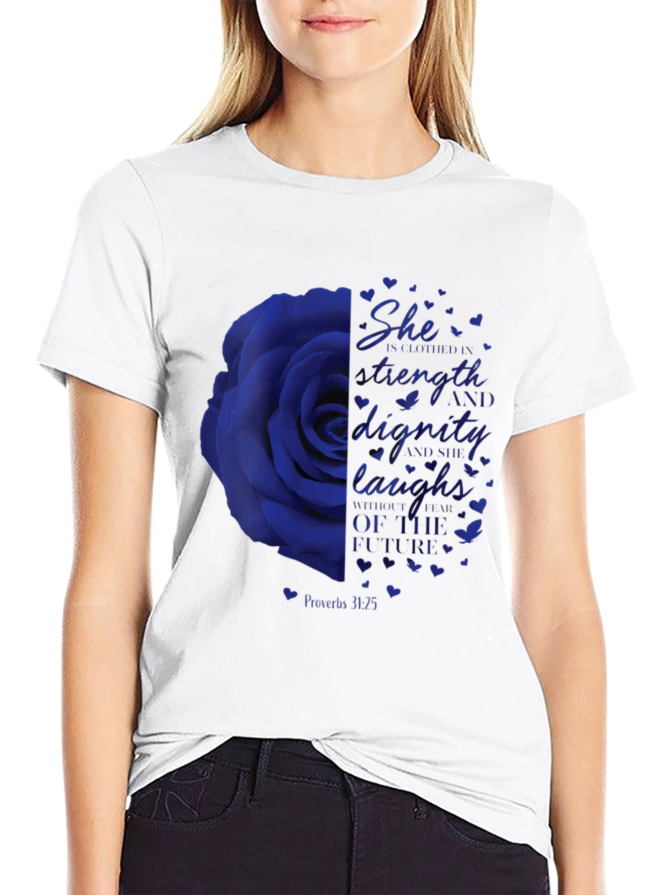 She is clothed in Strength Graphic Tee