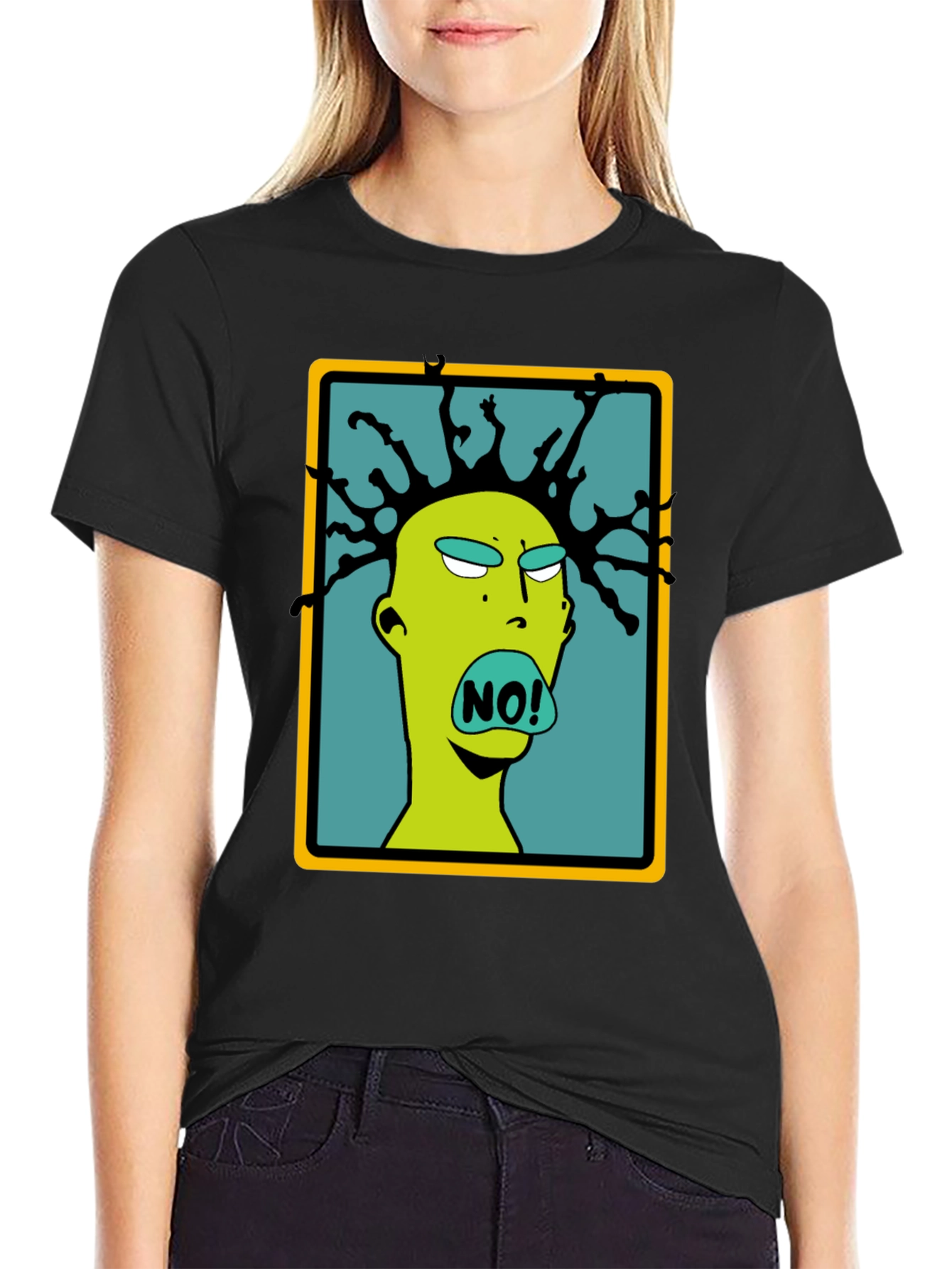 Edgy Cartoon NO! Graphic Black T-Shirt