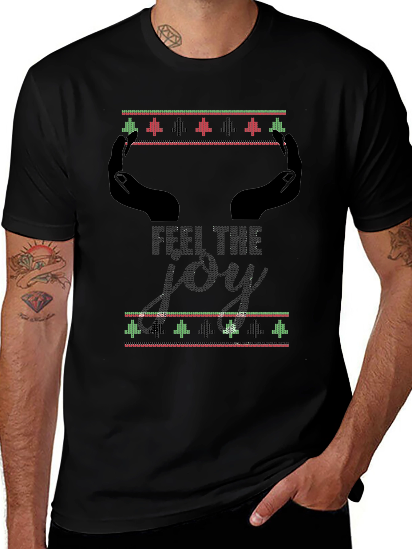Feel The Joy Christmas Pattern Mens Black T-Shirt