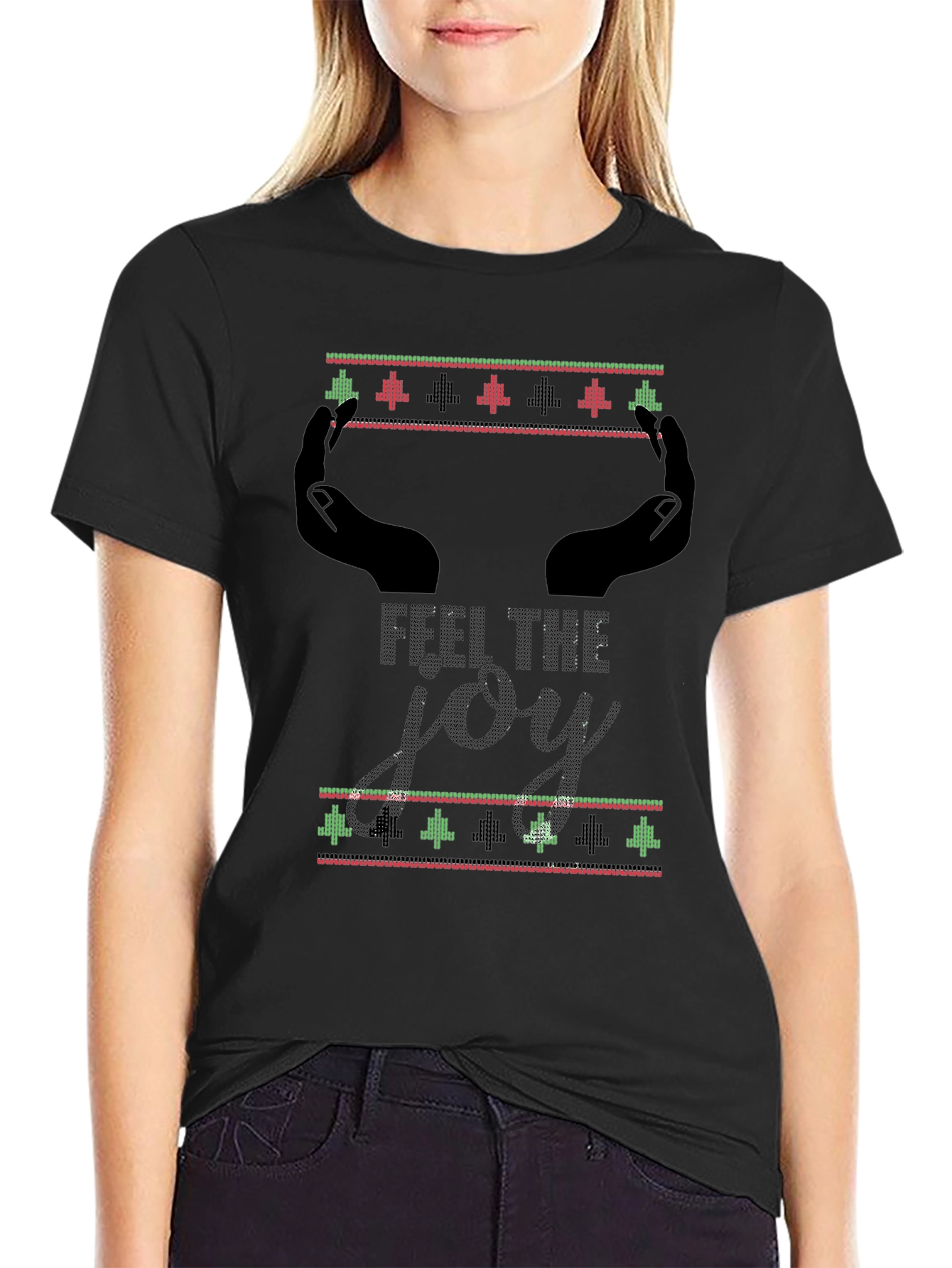 Feel The Joy Christmas Pattern Mens Black T-Shirt