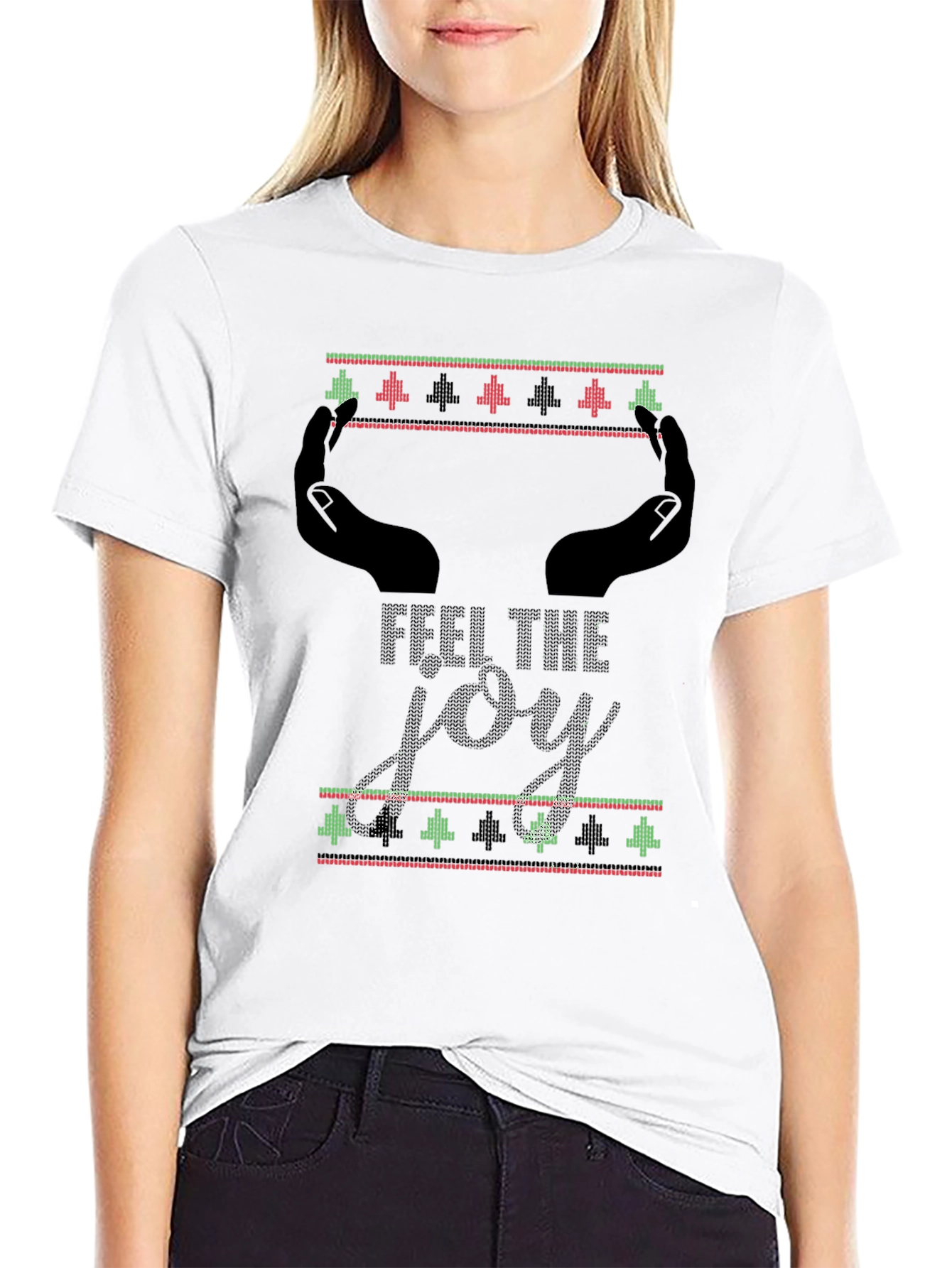 Feel The Joy Christmas Pattern Mens Black T-Shirt