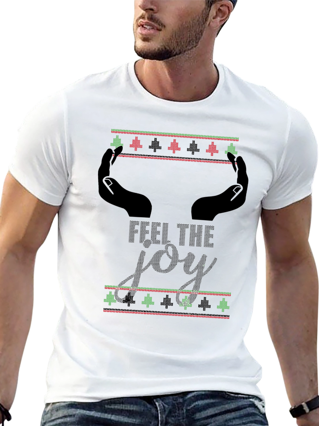 Feel The Joy Christmas Pattern Mens Black T-Shirt