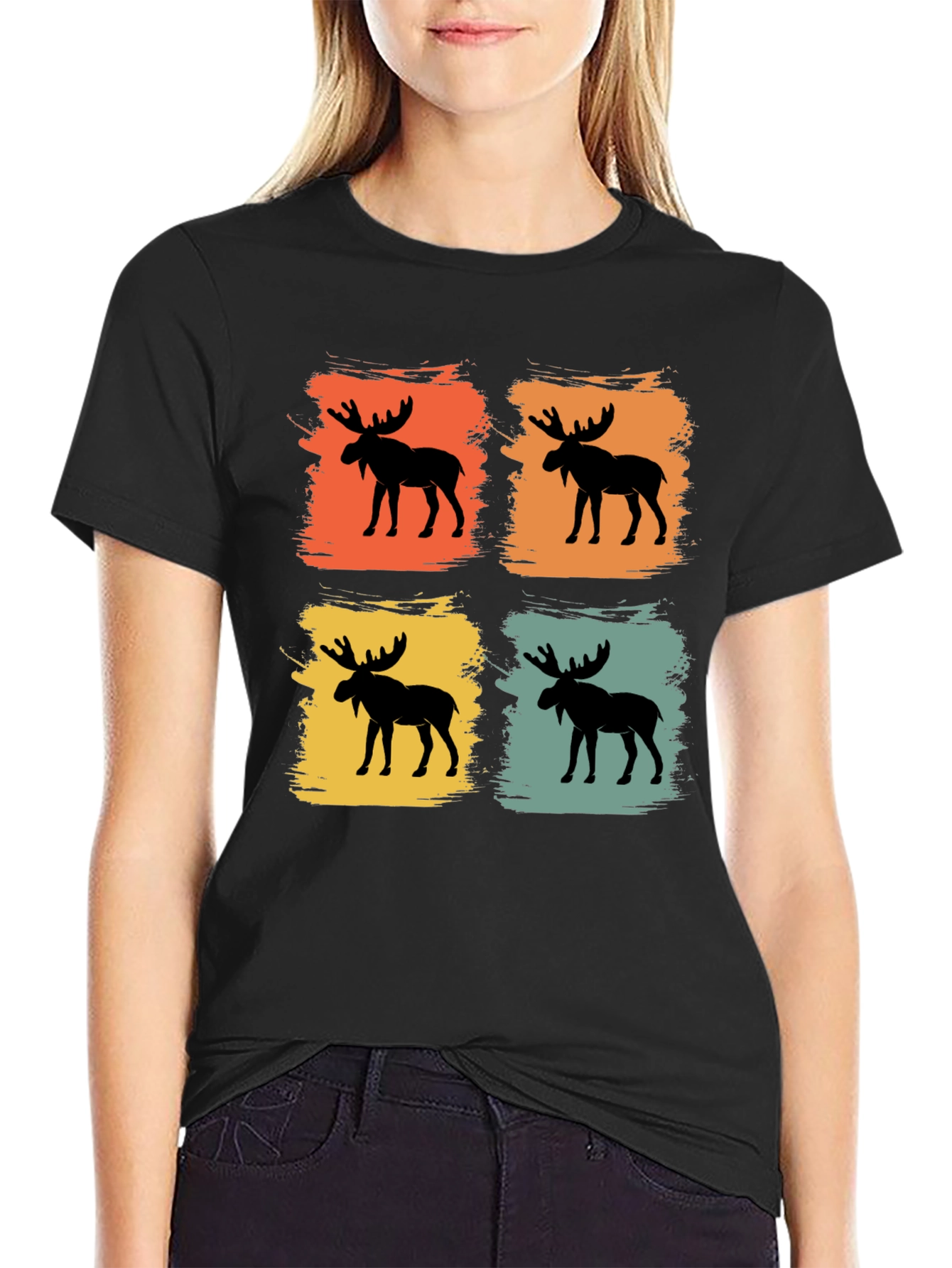Retro Moose Graphic Tee - Black Cotton Blend Shirt