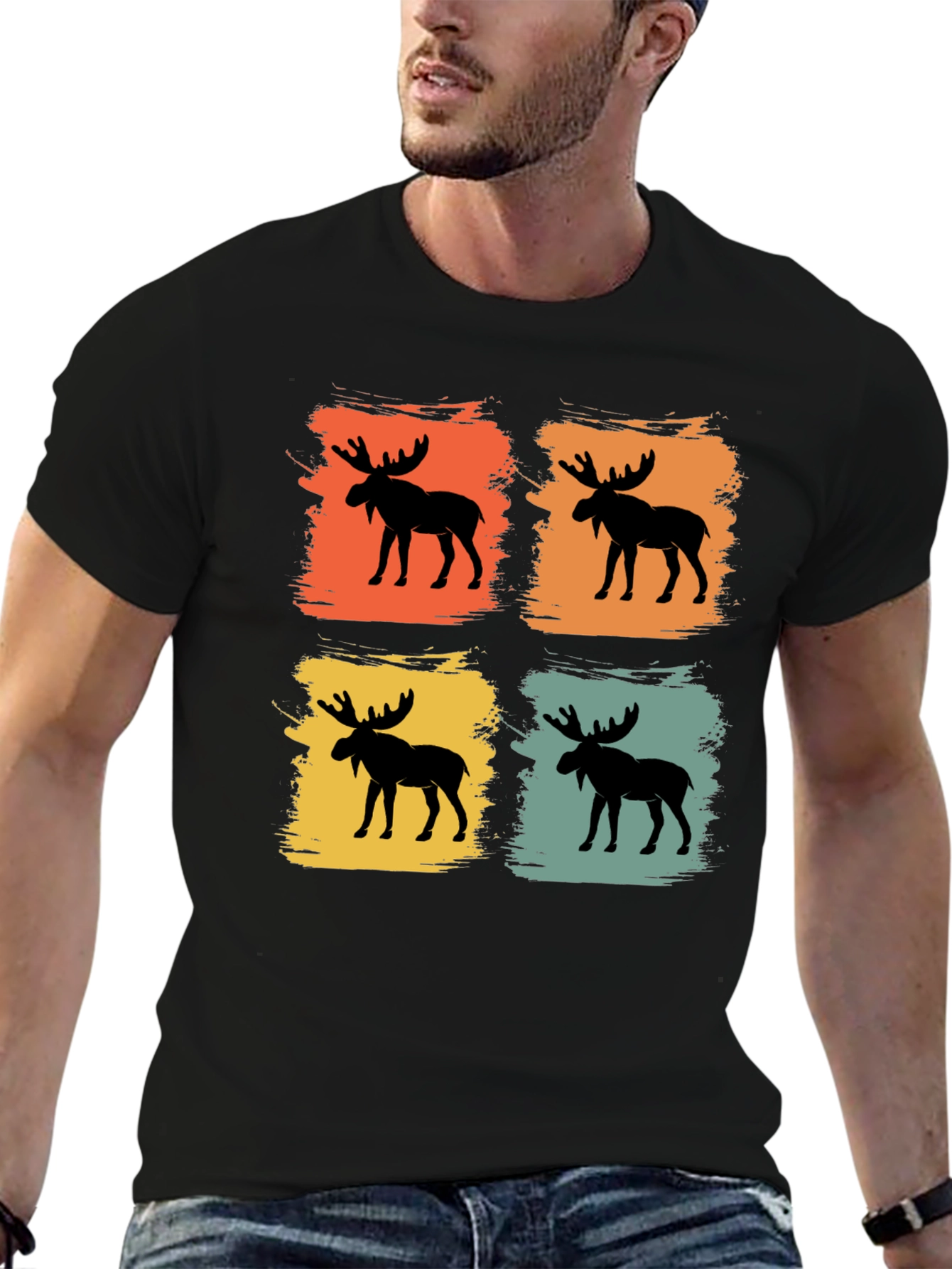 Retro Moose Graphic Tee - Black Cotton Blend Shirt