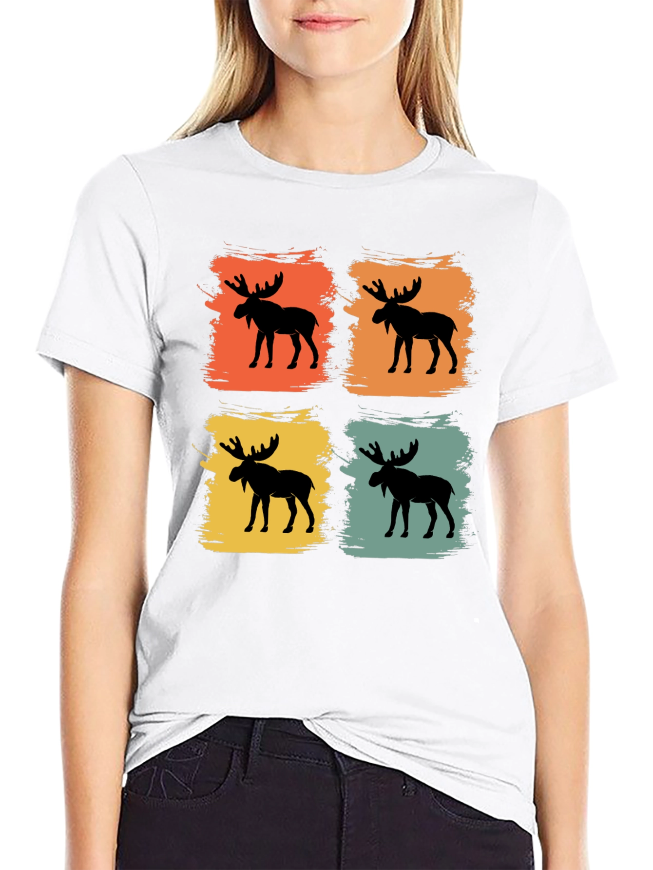 Retro Moose Graphic Tee - Black Cotton Blend Shirt