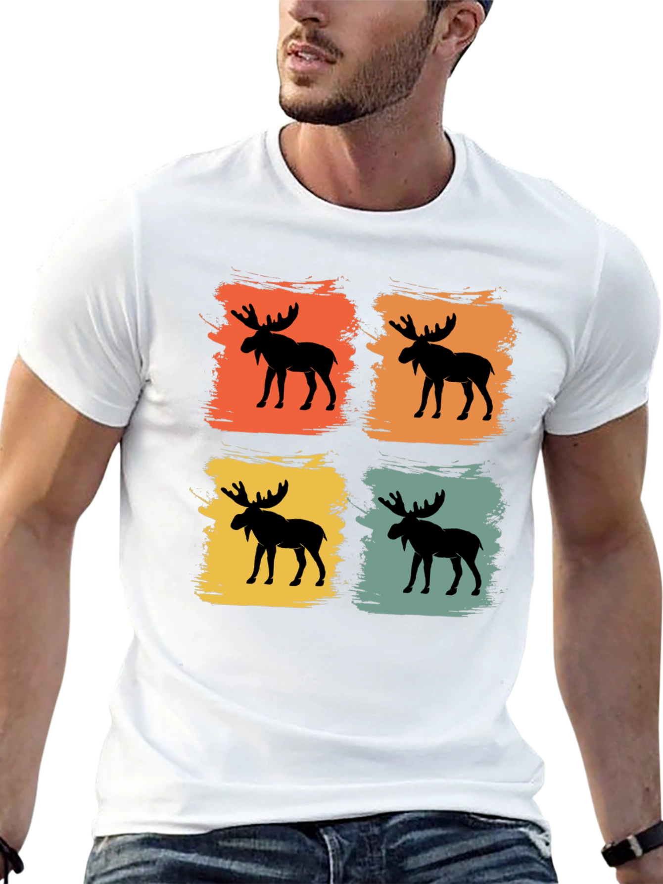 Retro Moose Graphic Tee - Black Cotton Blend Shirt