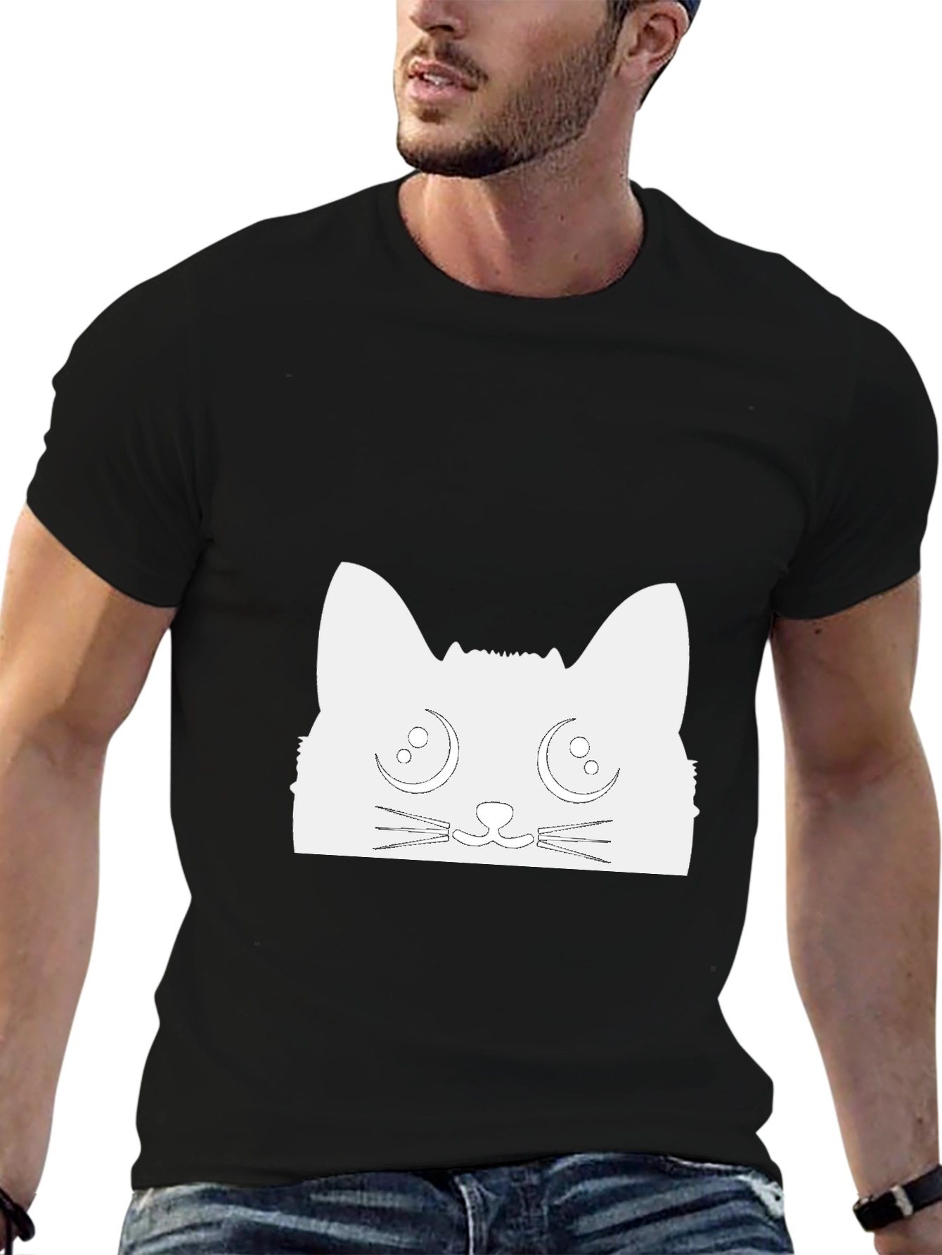 Cute Cat Graphic Tee - Black Cotton T-Shirt