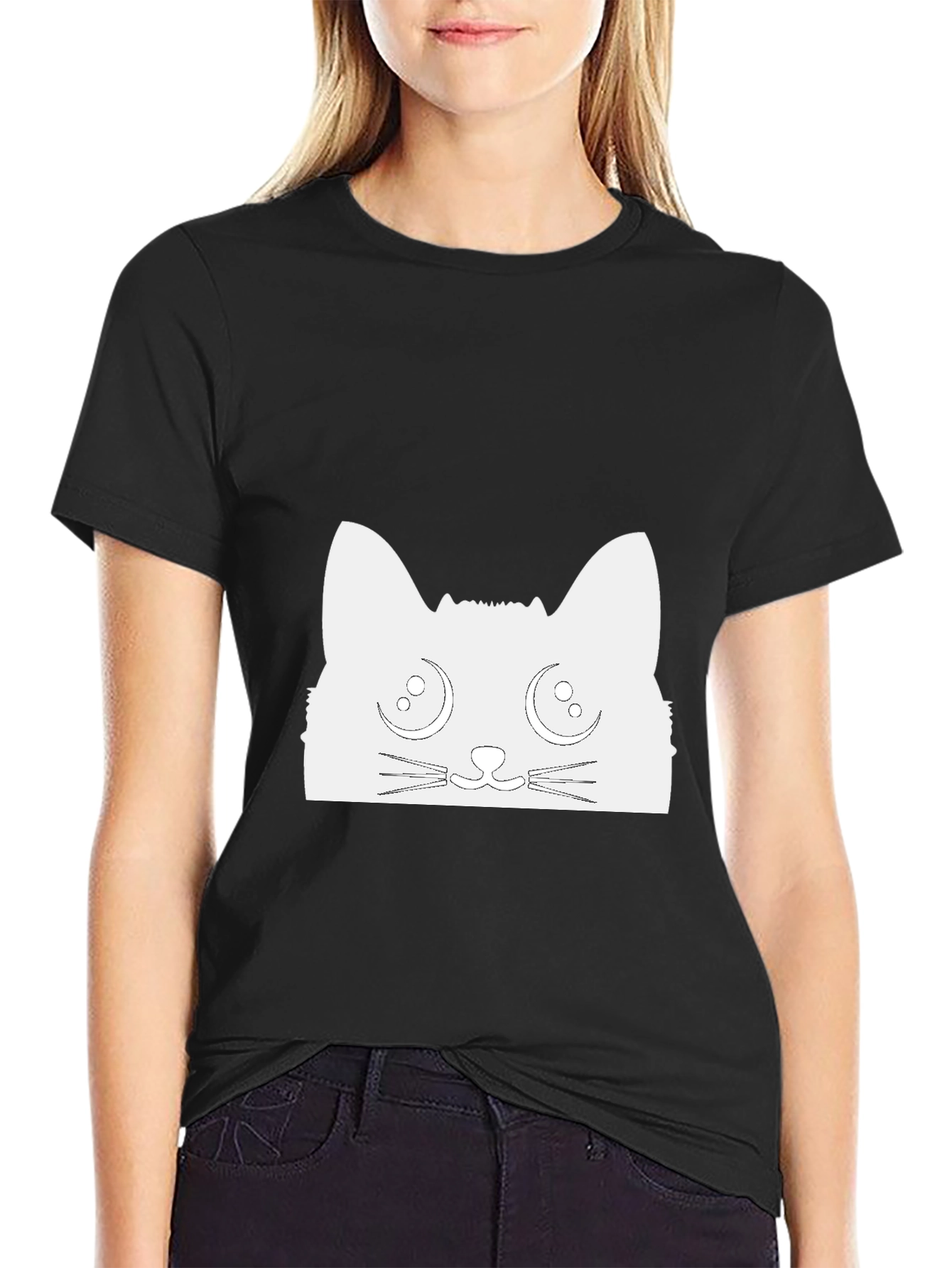 Cute Cat Graphic Tee - Black Cotton T-Shirt