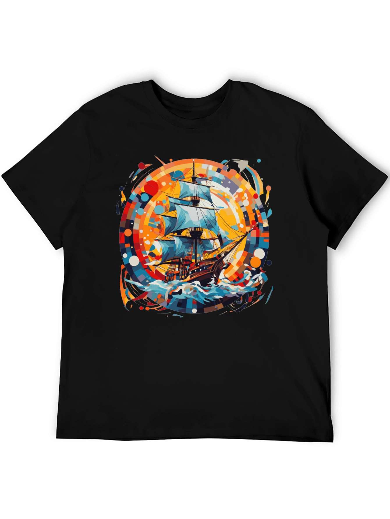 Nautical Adventure Tee: Ship Graphic Black Cotton Shirt