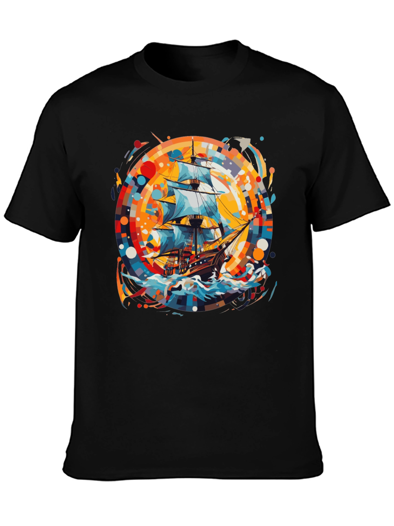 Nautical Adventure Tee: Ship Graphic Black Cotton Shirt