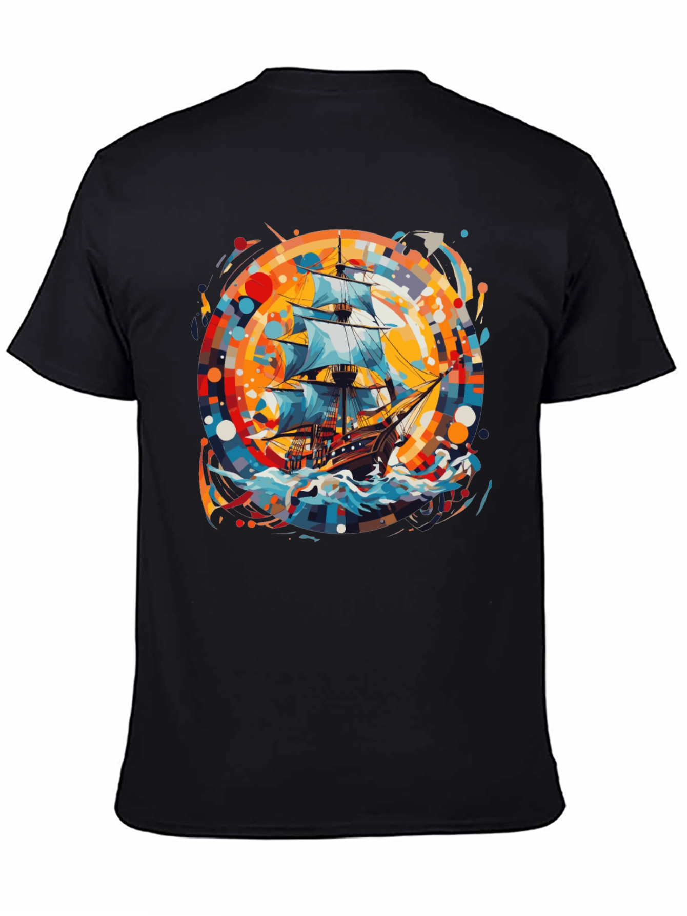 Nautical Adventure Tee: Ship Graphic Black Cotton Shirt