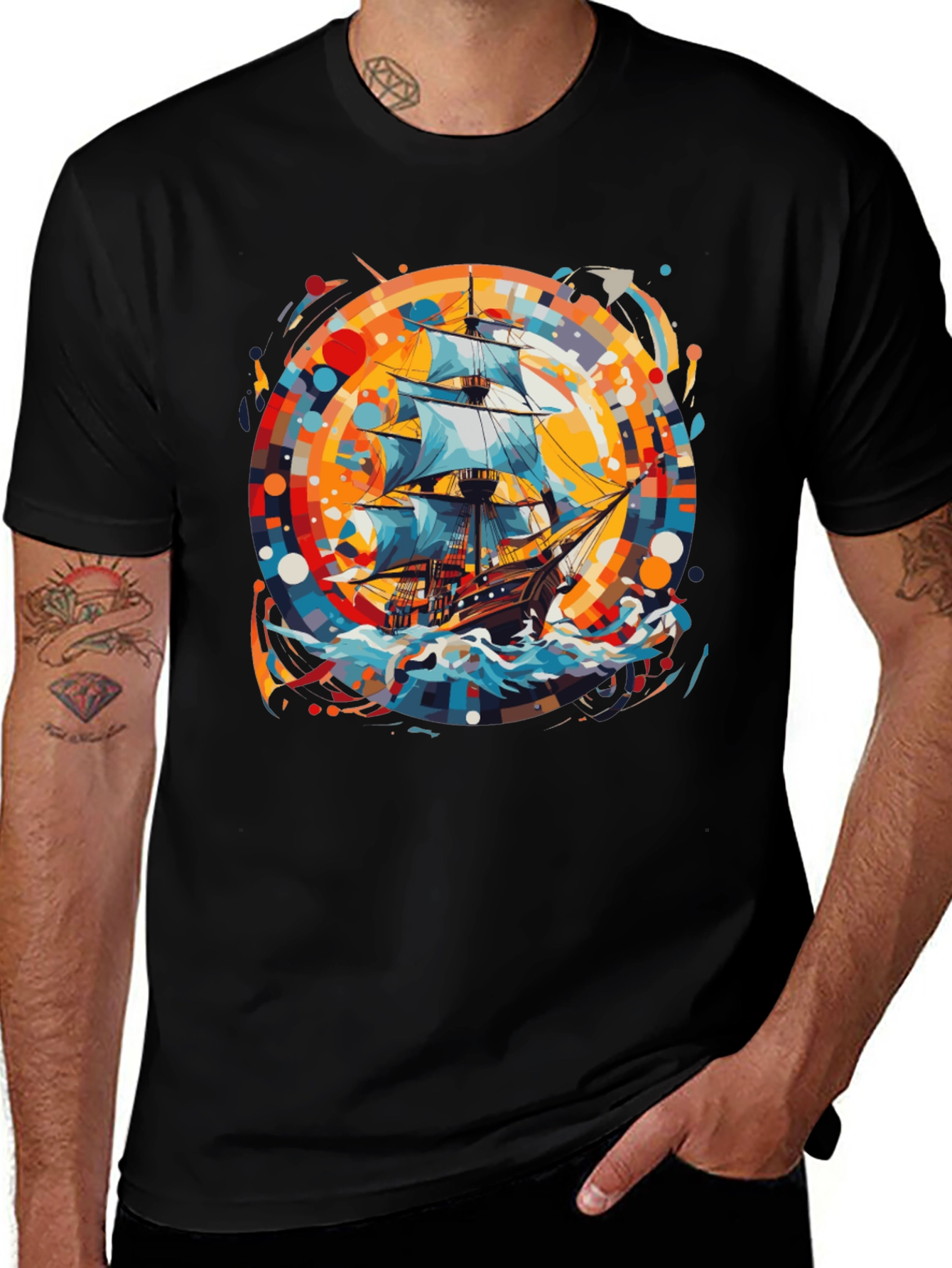 Nautical Adventure Tee: Ship Graphic Black Cotton Shirt