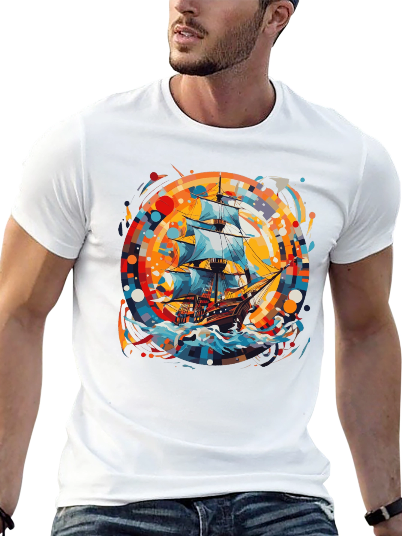 Nautical Adventure Tee: Ship Graphic Black Cotton Shirt