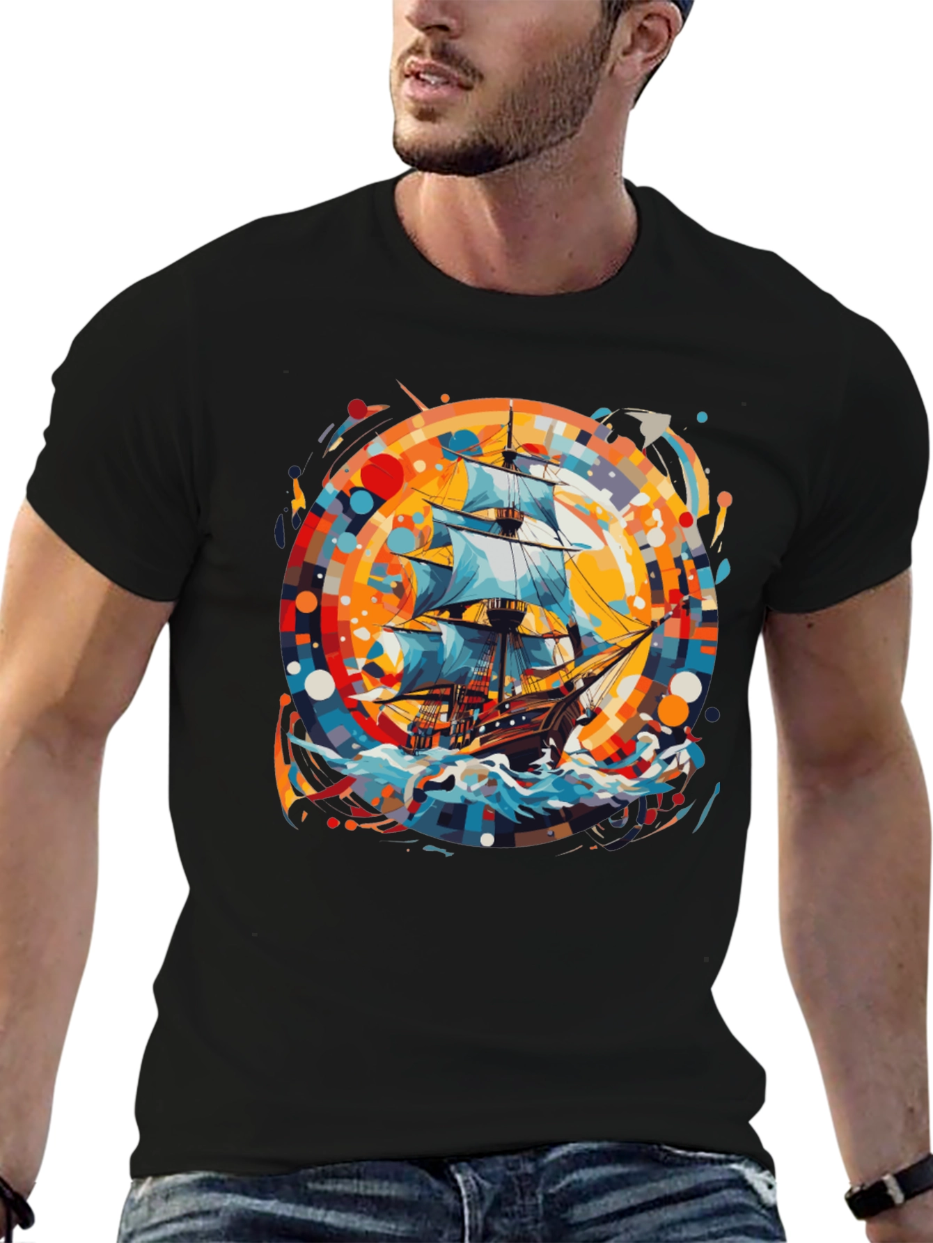 Nautical Adventure Tee: Ship Graphic Black Cotton Shirt