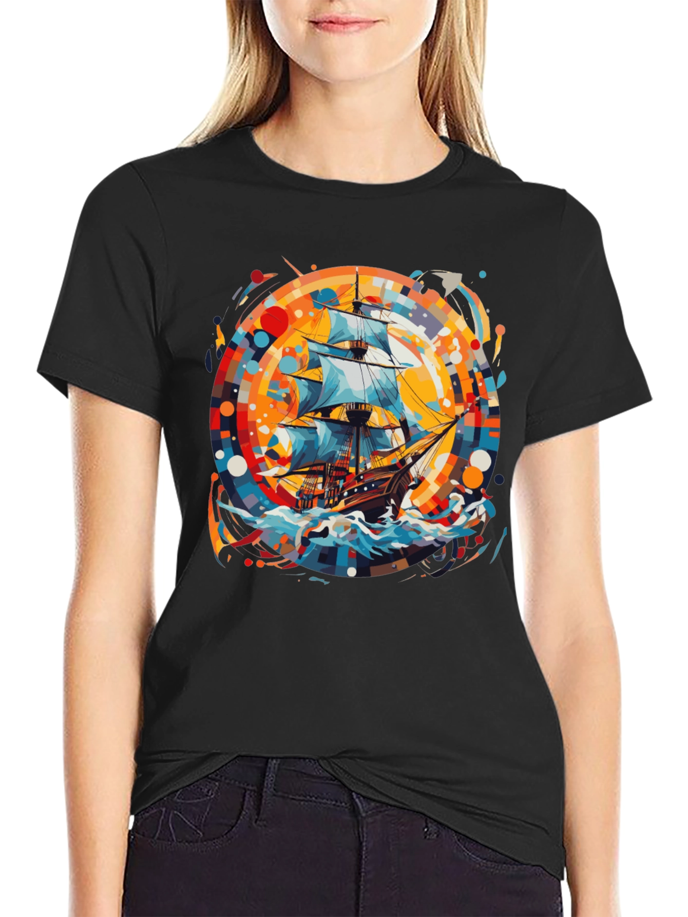 Nautical Adventure Tee: Ship Graphic Black Cotton Shirt