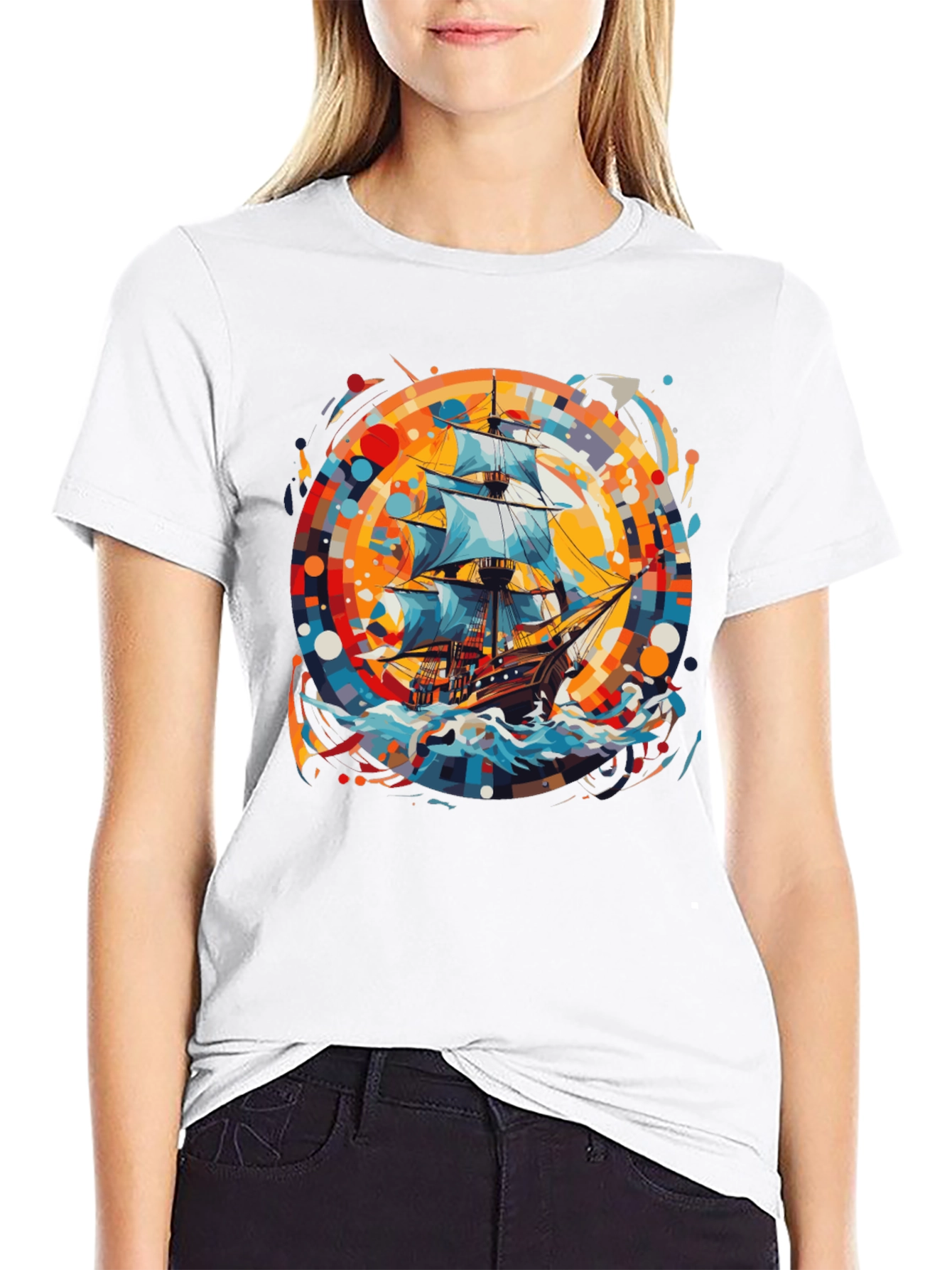 Nautical Adventure Tee: Ship Graphic Black Cotton Shirt