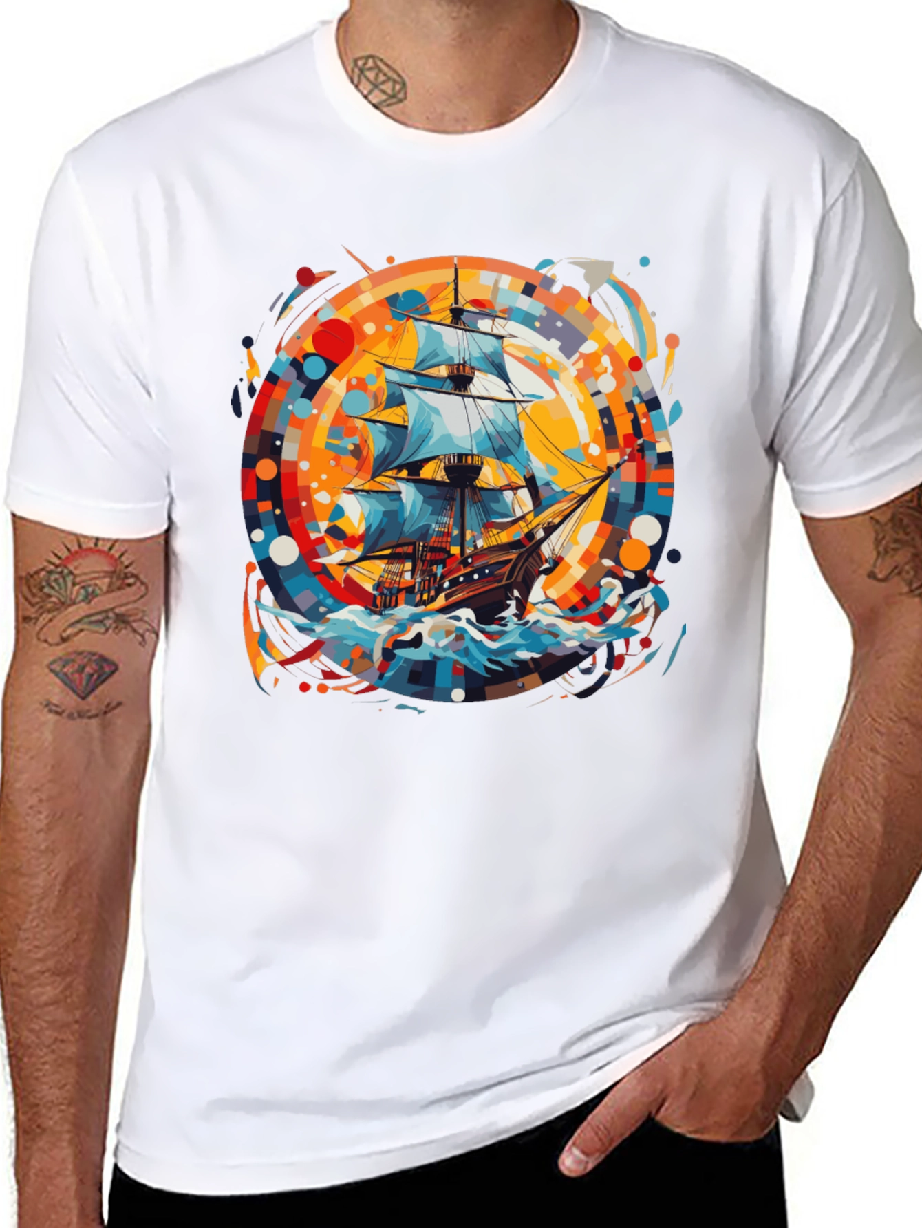 Nautical Adventure Tee: Ship Graphic Black Cotton Shirt