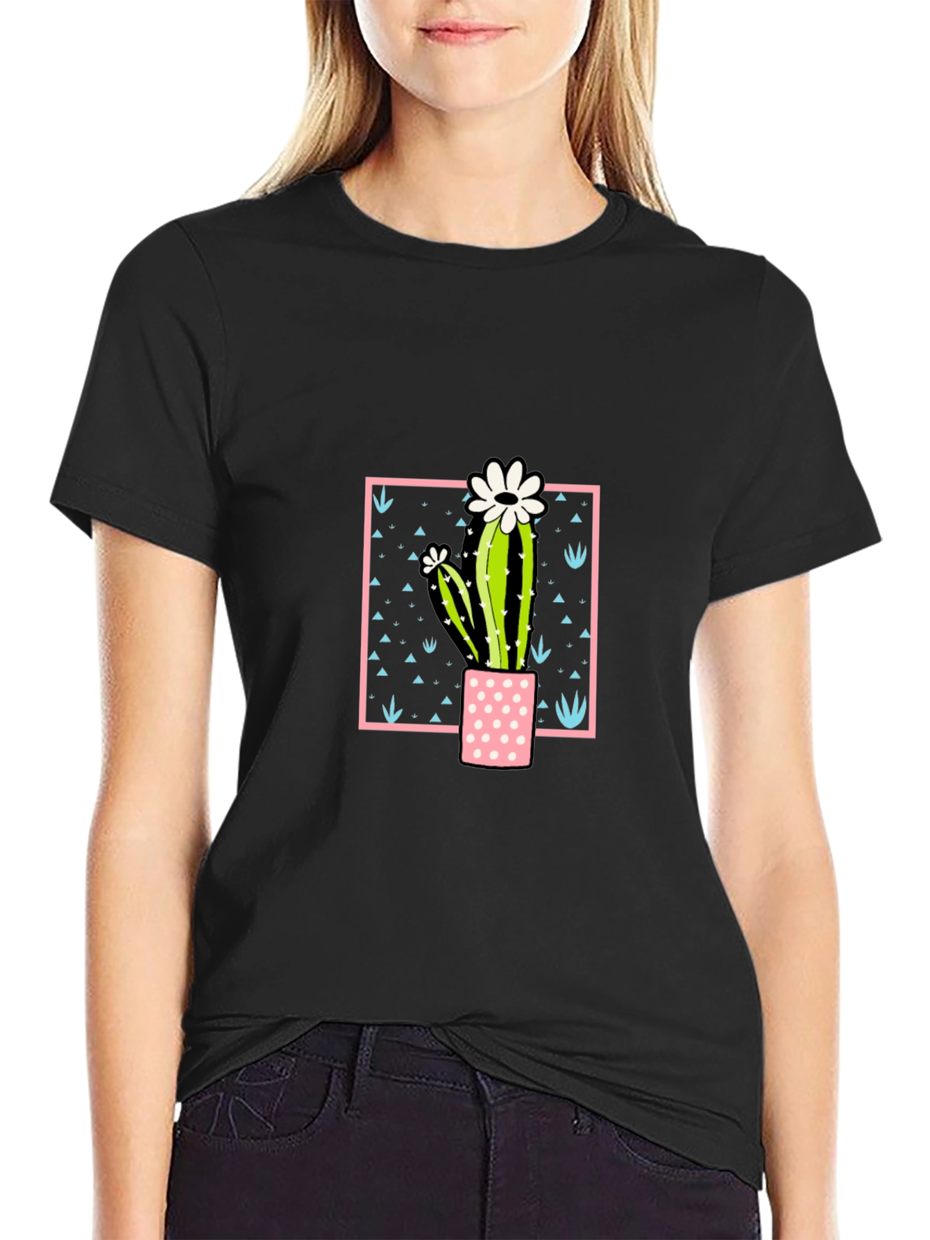 Cactus Flower Graphic Print Black T-Shirt