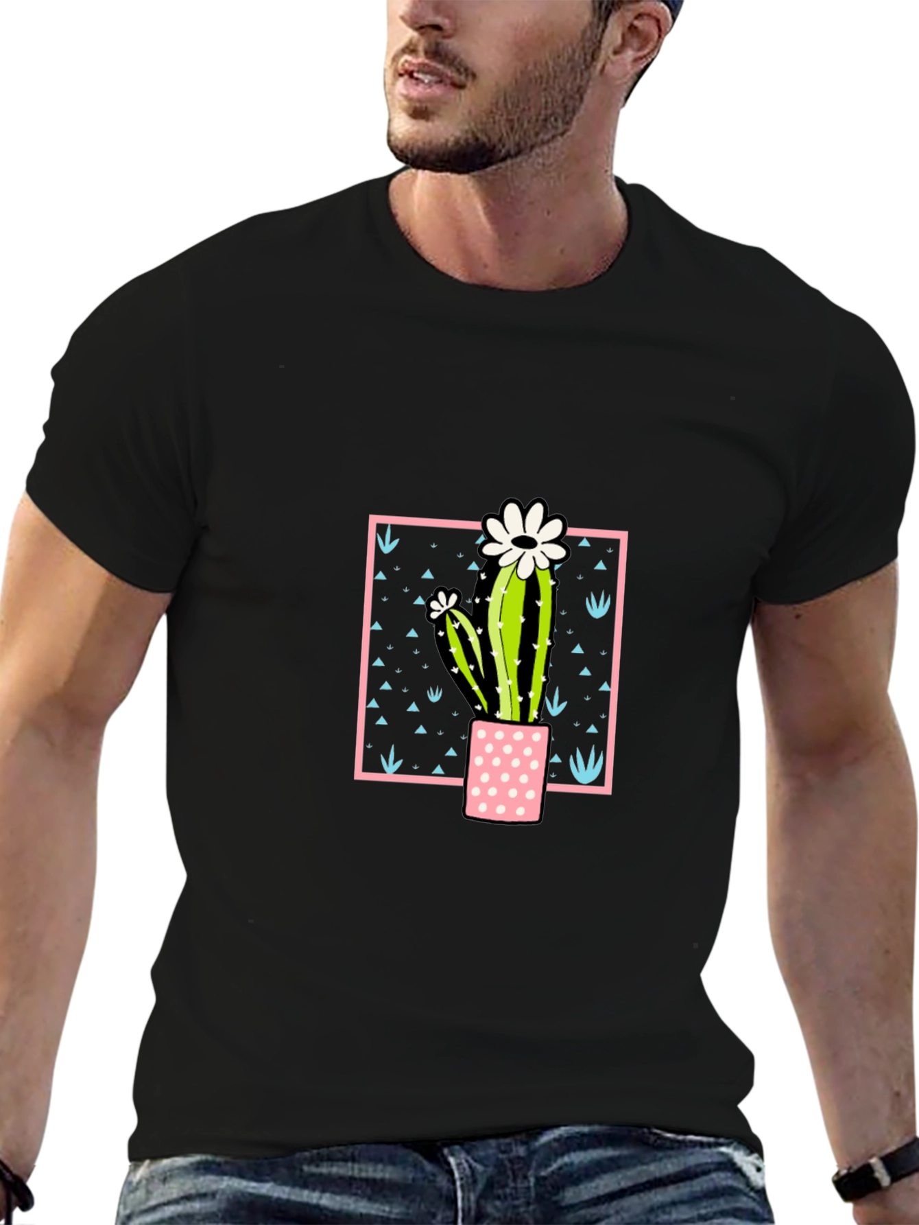 Cactus Flower Graphic Print Black T-Shirt