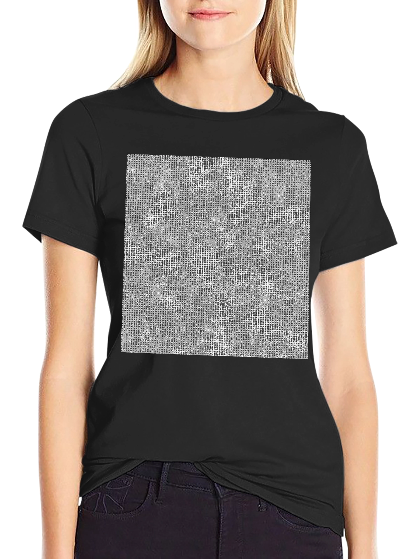 Modern Grid Pattern Black T-Shirt