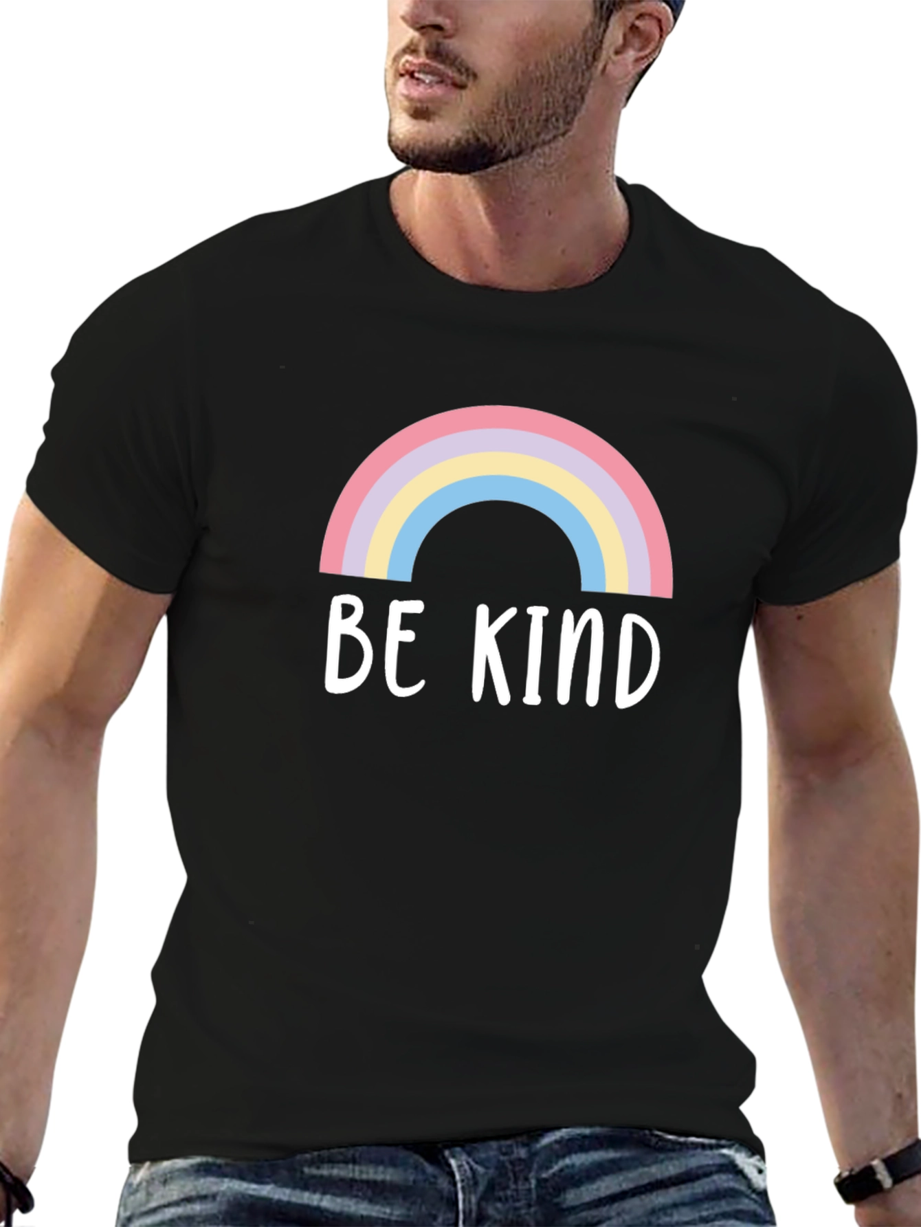 Be Kind Rainbow Graphic Tee - Black Cotton T-Shirt