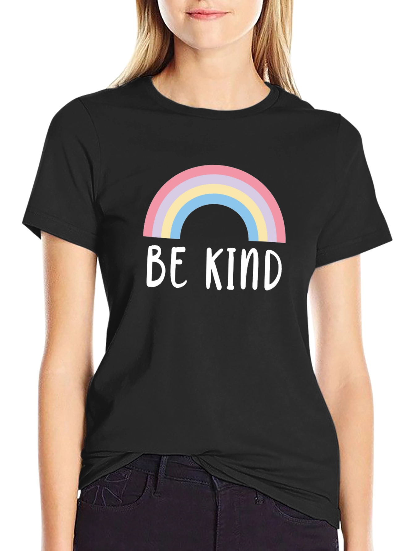 Be Kind Rainbow Graphic Tee - Black Cotton T-Shirt