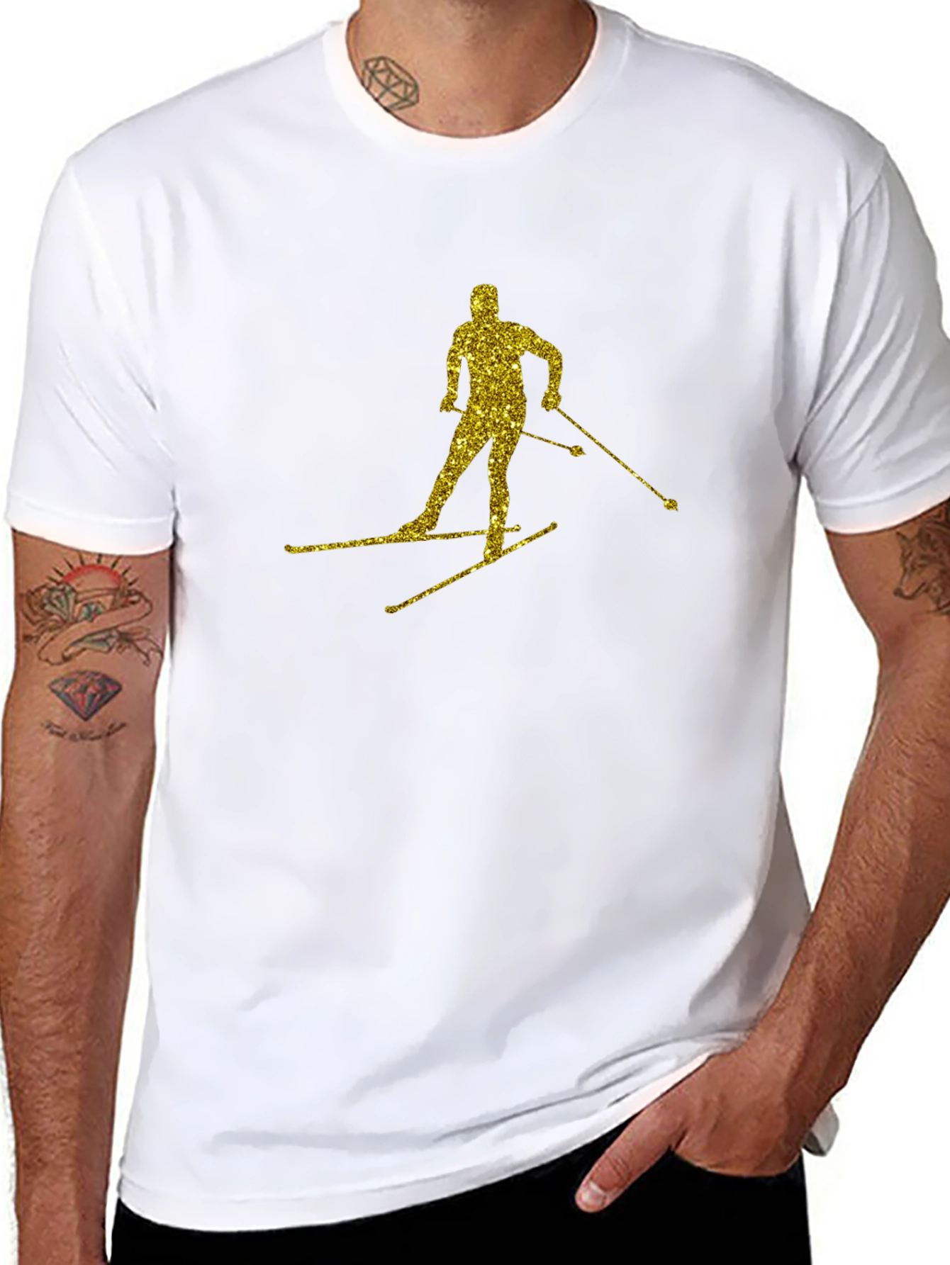 Gold Glitter Skier Black T-Shirt