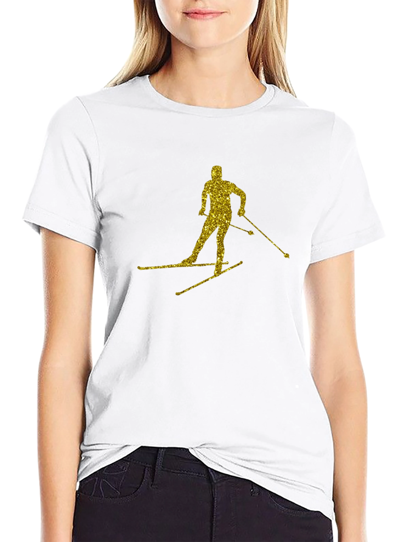 Gold Glitter Skier Black T-Shirt