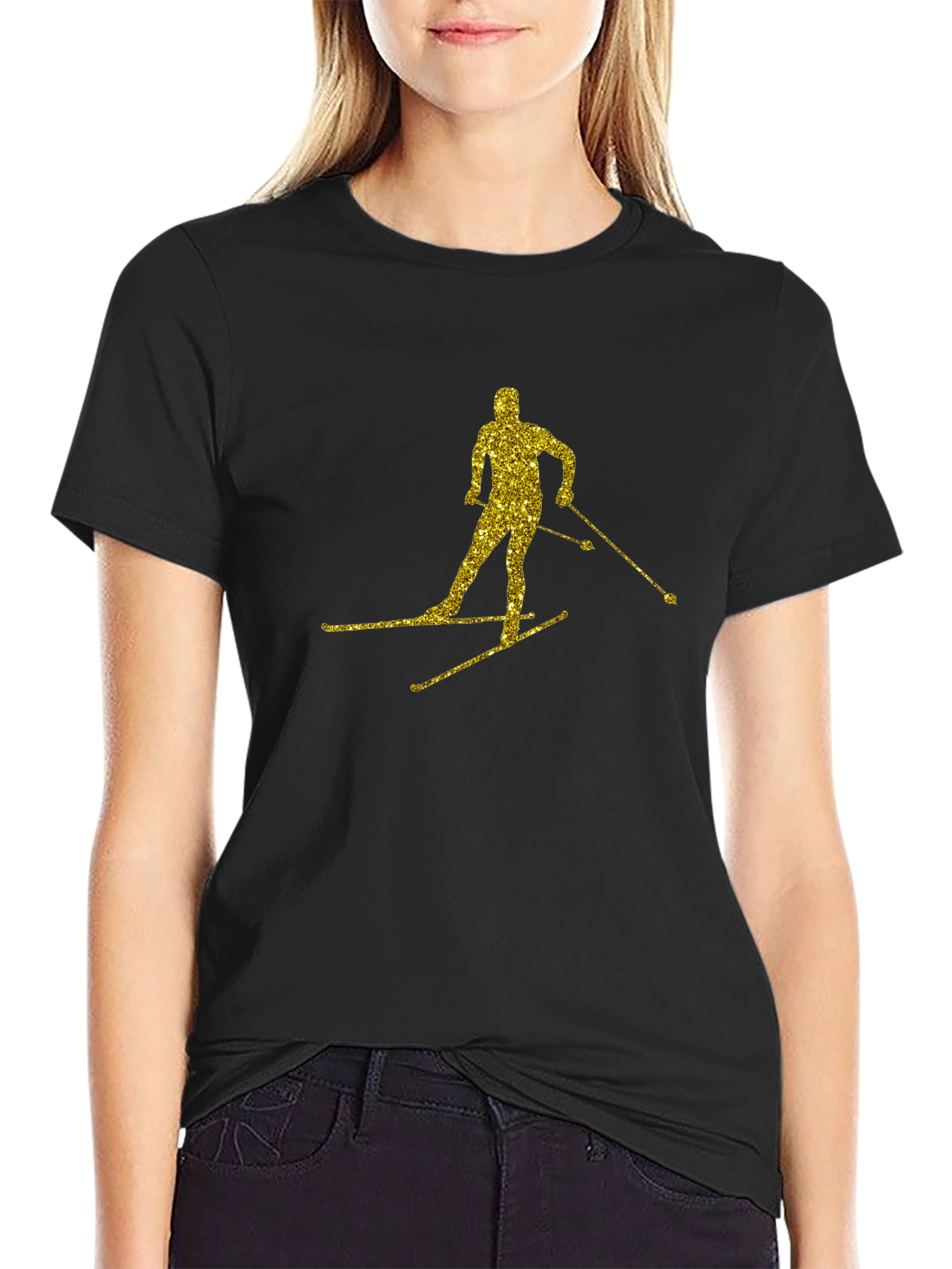 Gold Glitter Skier Black T-Shirt