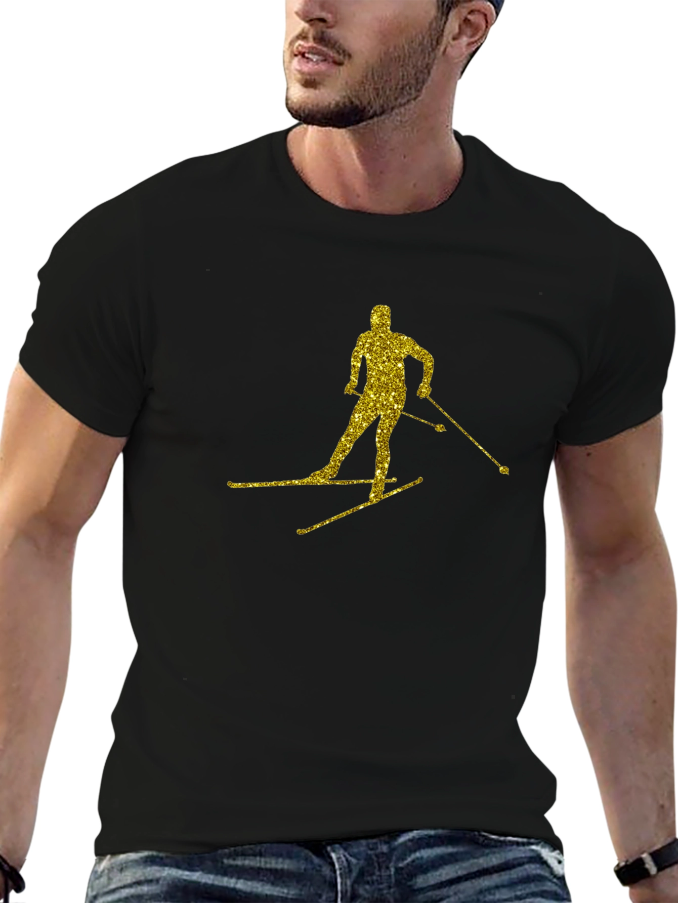 Gold Glitter Skier Black T-Shirt