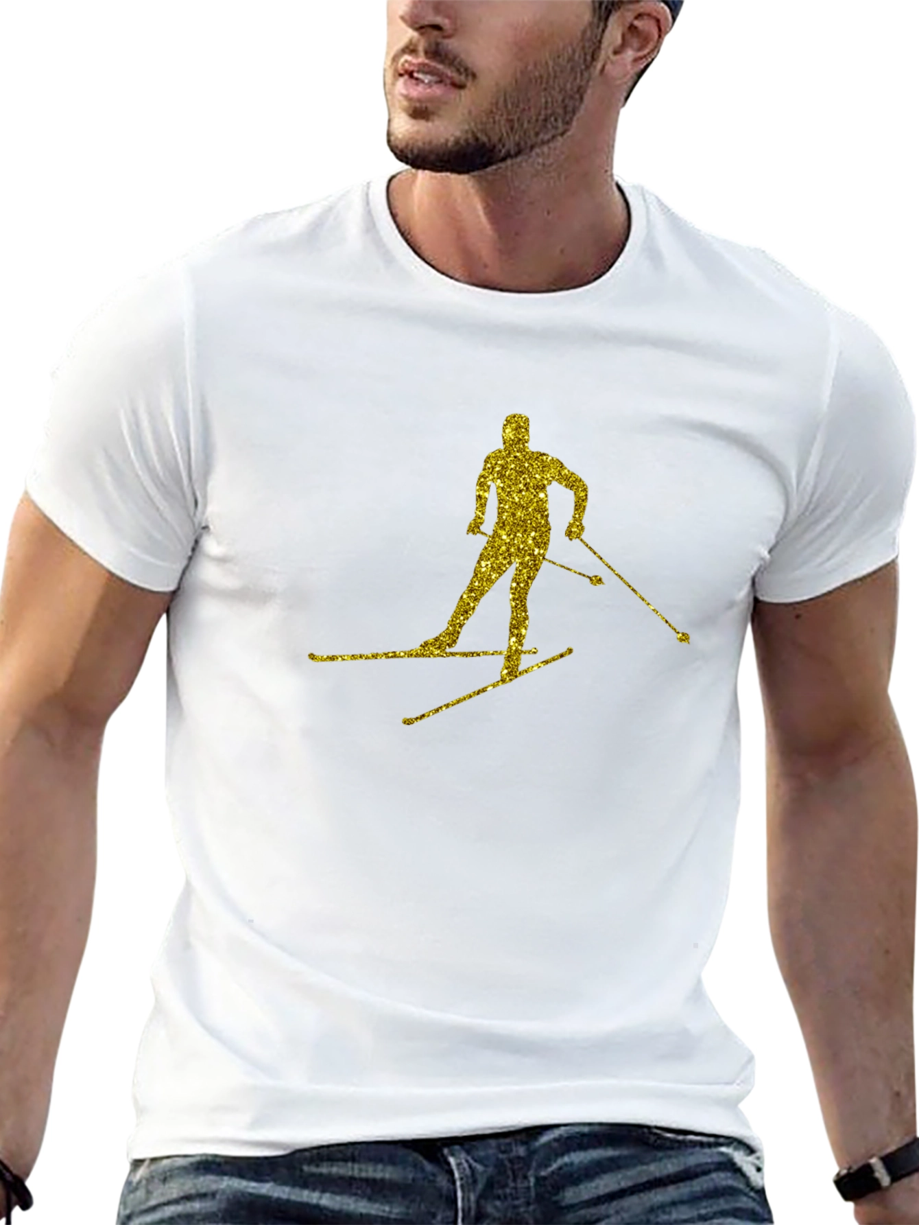 Gold Glitter Skier Black T-Shirt