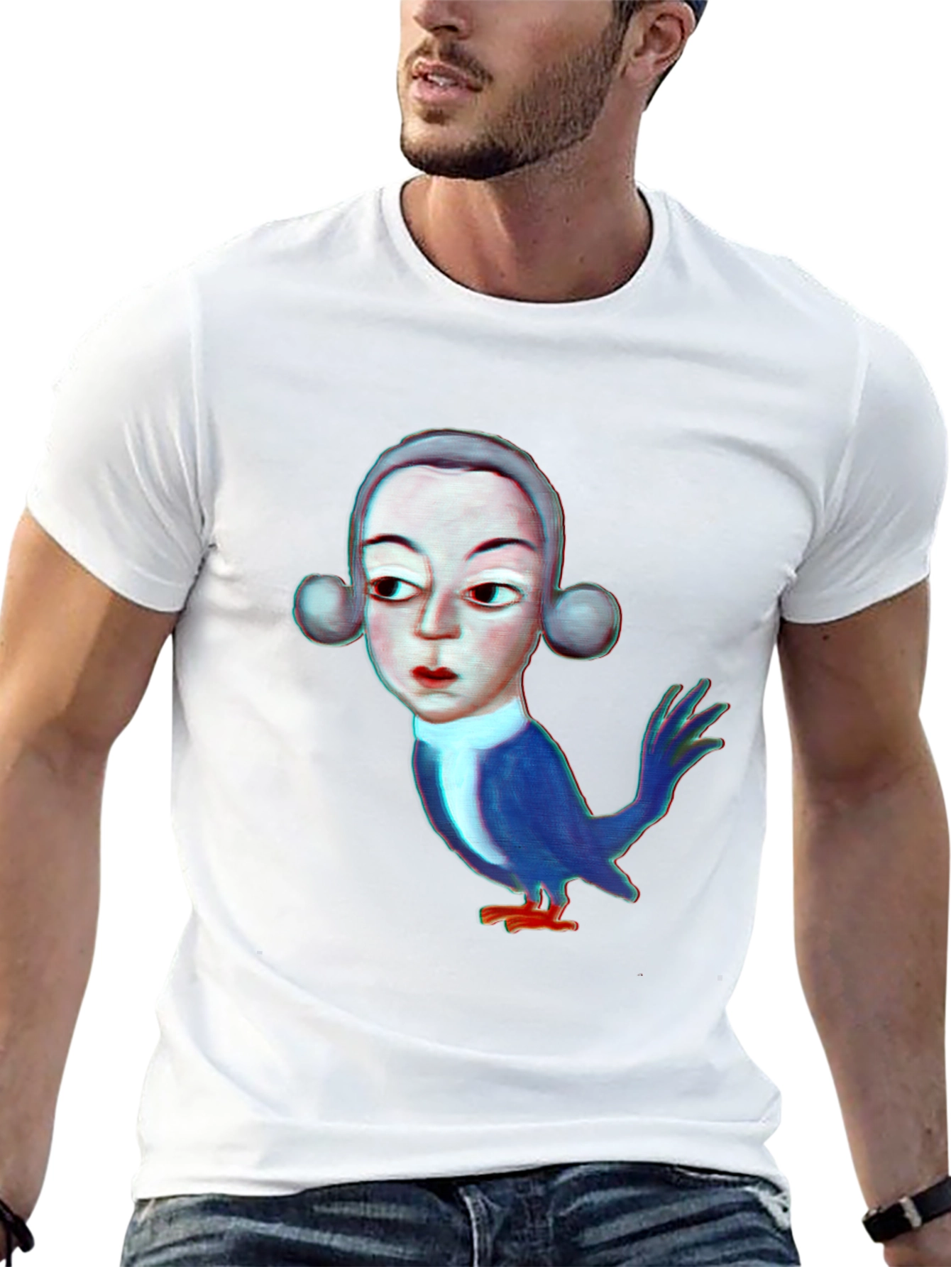 Unique Bird Man Graphic Print Black T-Shirt
