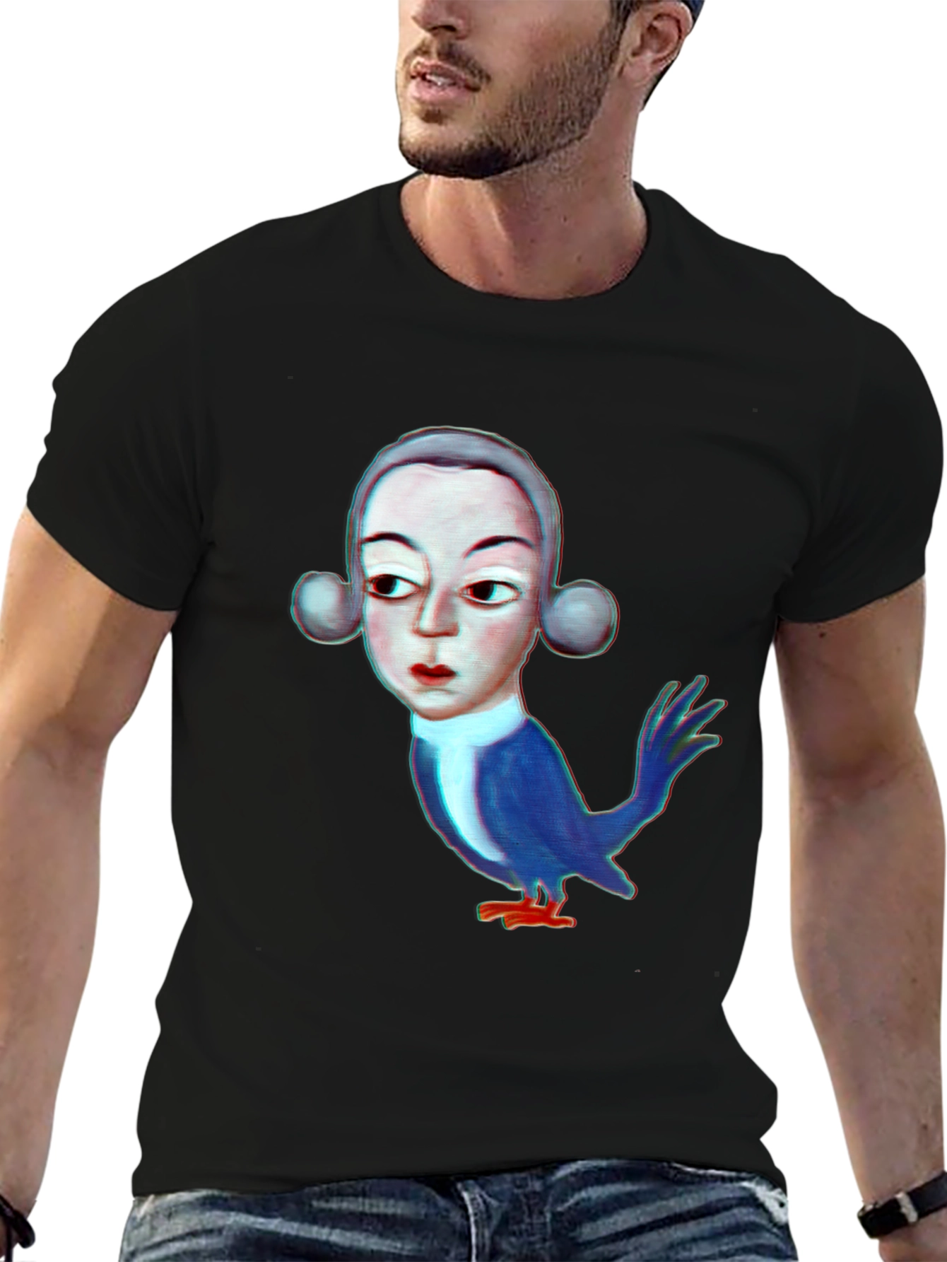 Unique Bird Man Graphic Print Black T-Shirt