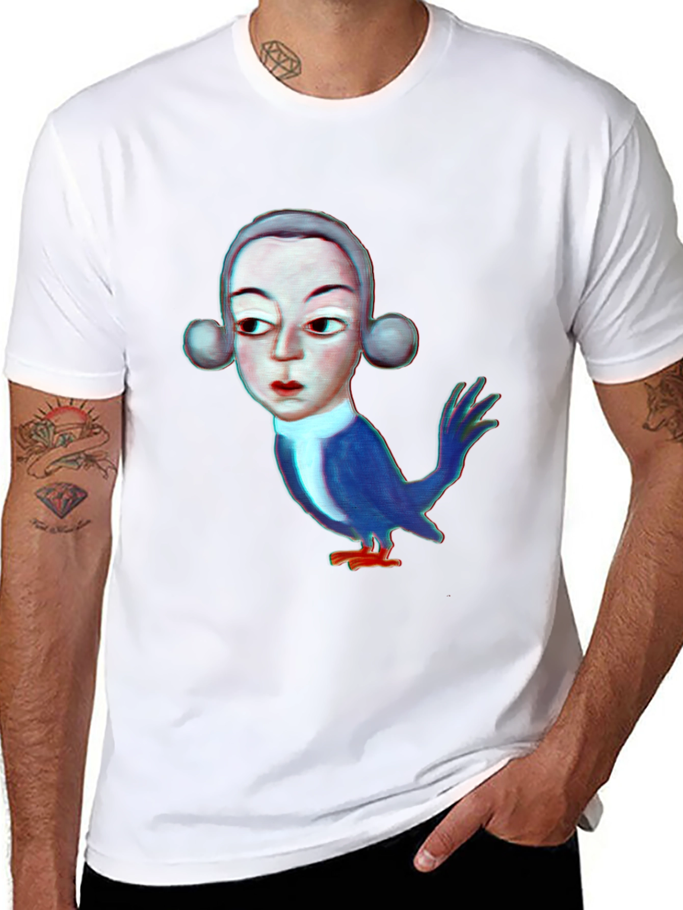 Unique Bird Man Graphic Print Black T-Shirt