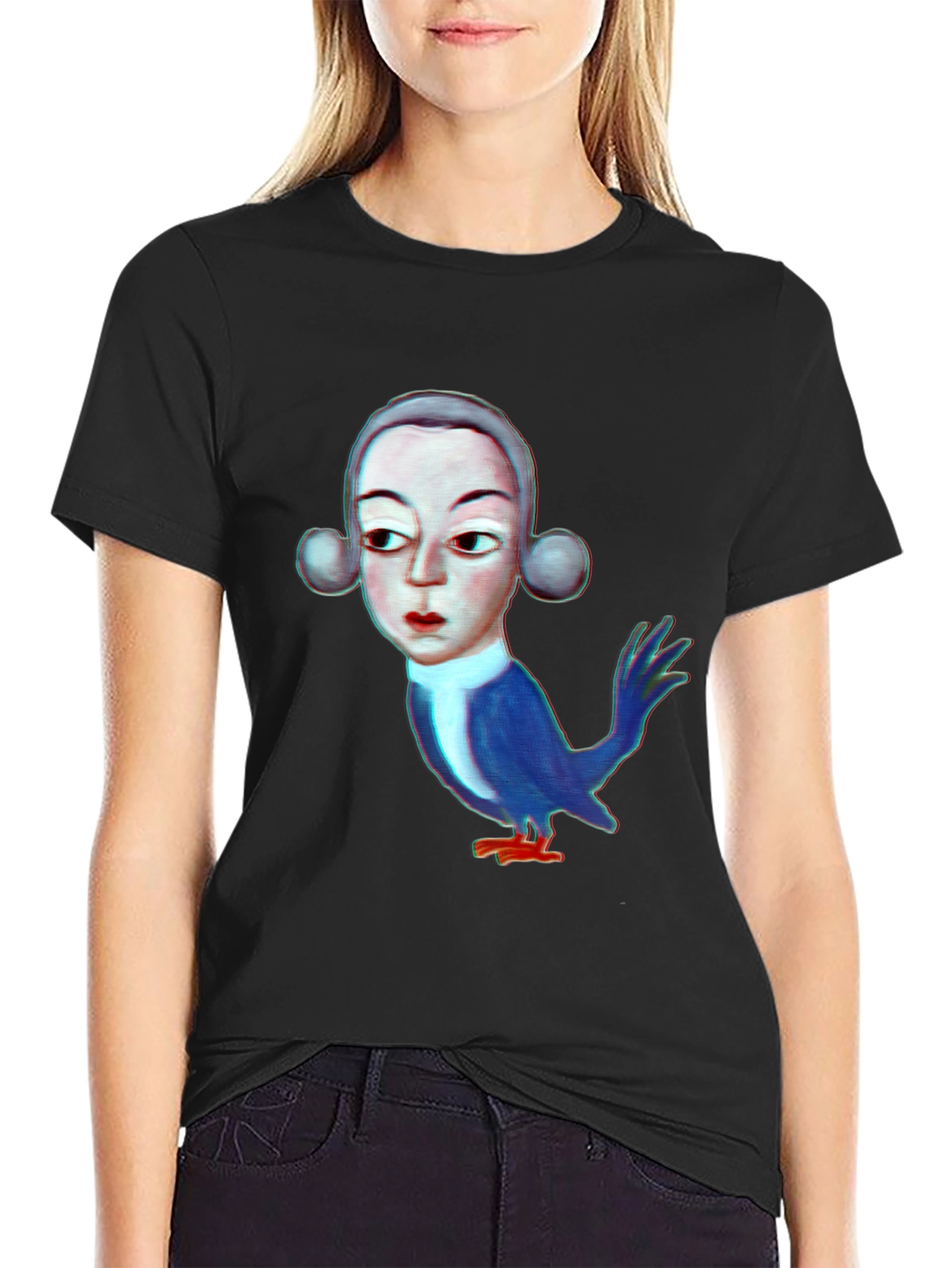Unique Bird Man Graphic Print Black T-Shirt