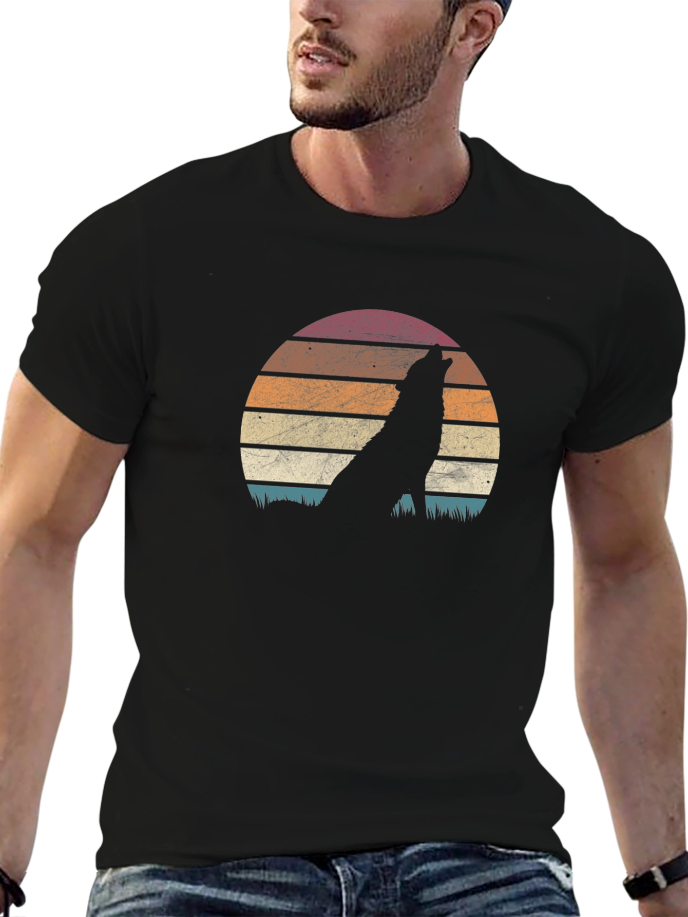 Wolf Silhouette Sunset Graphic Tee - Black T-Shirt