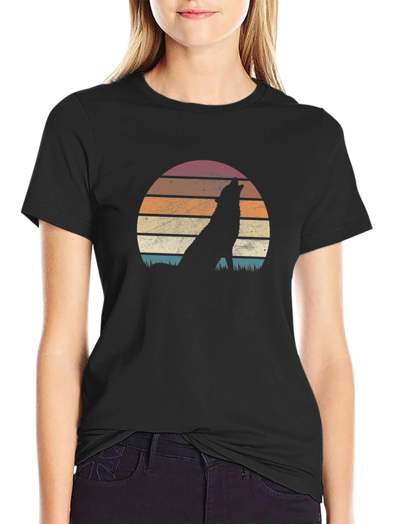 Wolf Silhouette Sunset Graphic Tee - Black T-Shirt