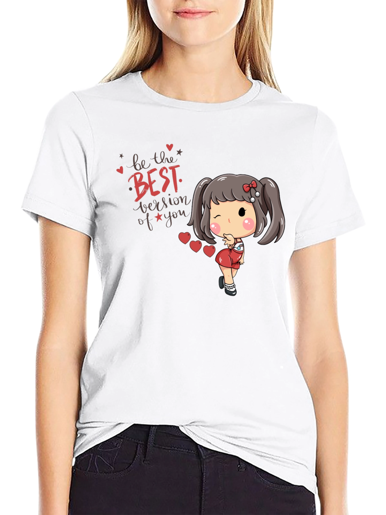 Cute Cartoon Girl Black T-Shirt