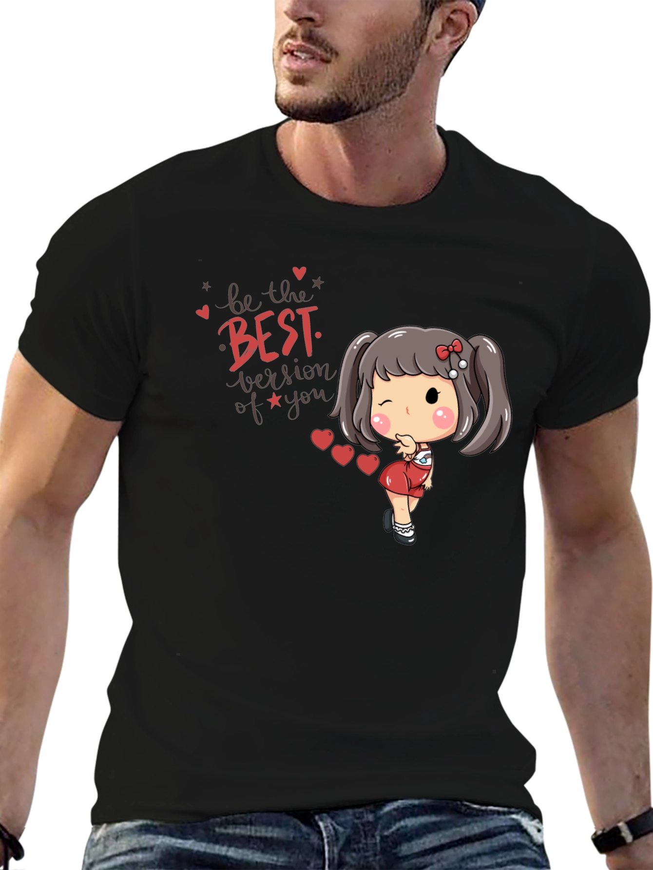 Cute Cartoon Girl Black T-Shirt