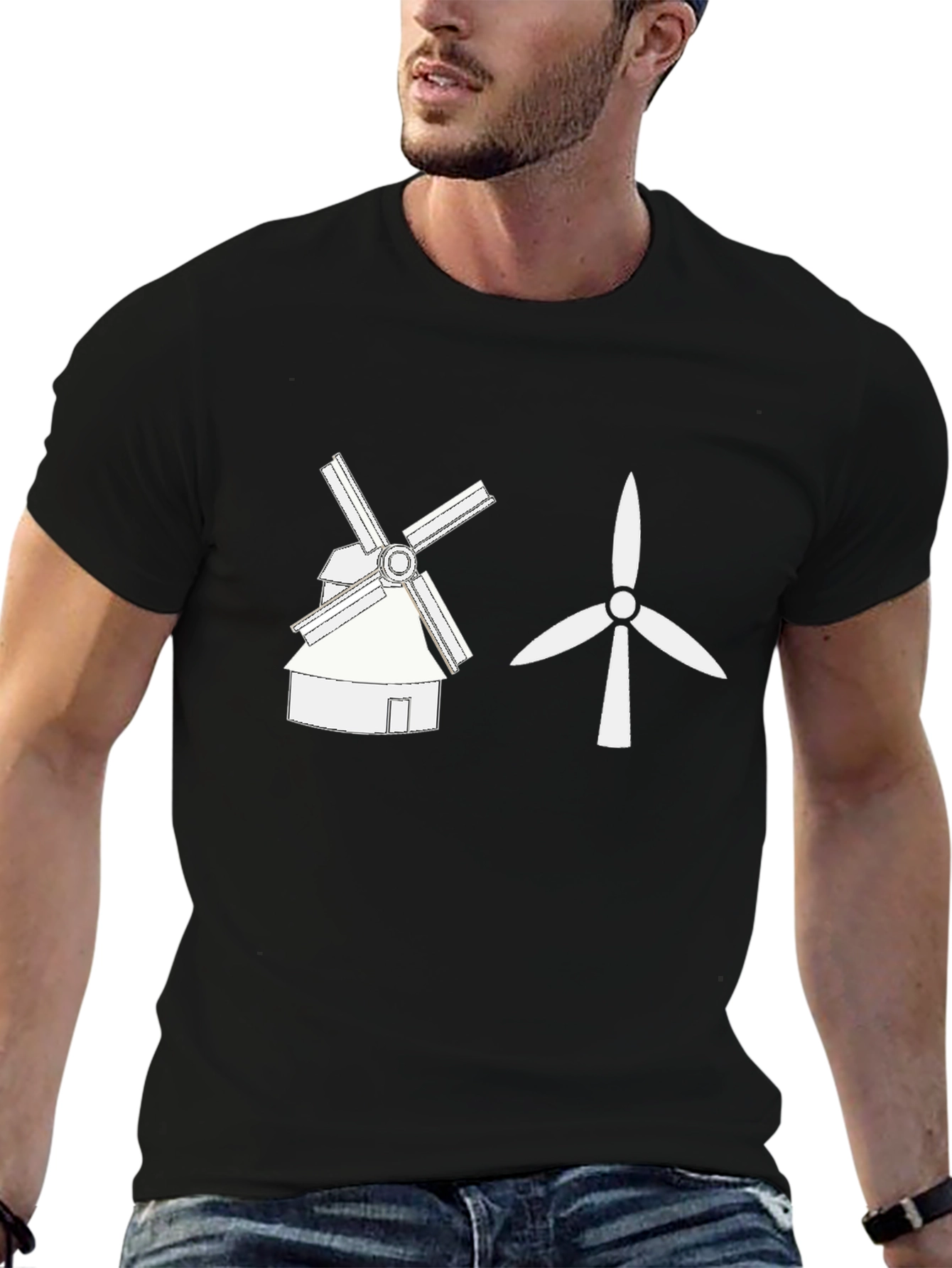 Windmill vs Wind Turbine Graphic Tee - Black