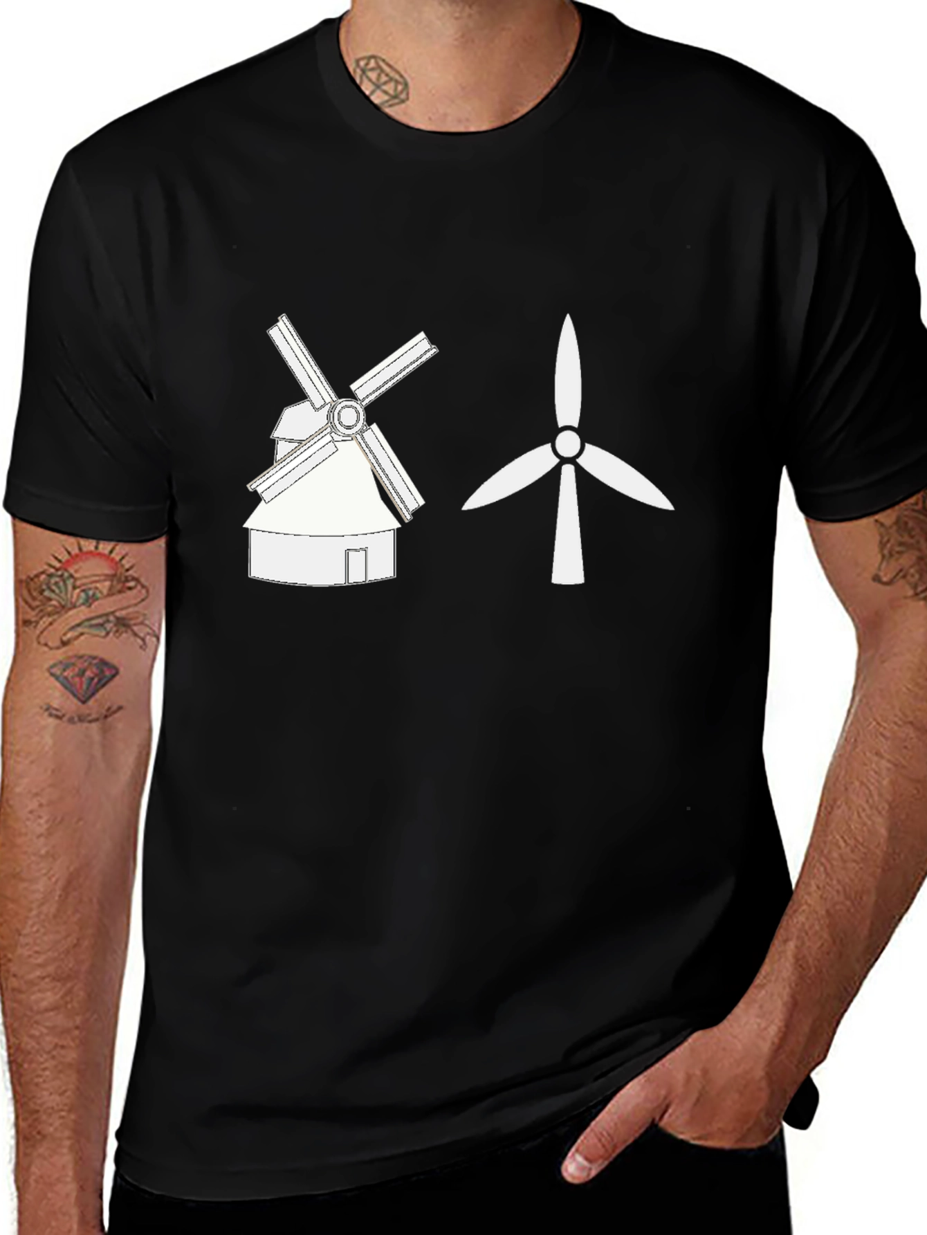 Windmill vs Wind Turbine Graphic Tee - Black