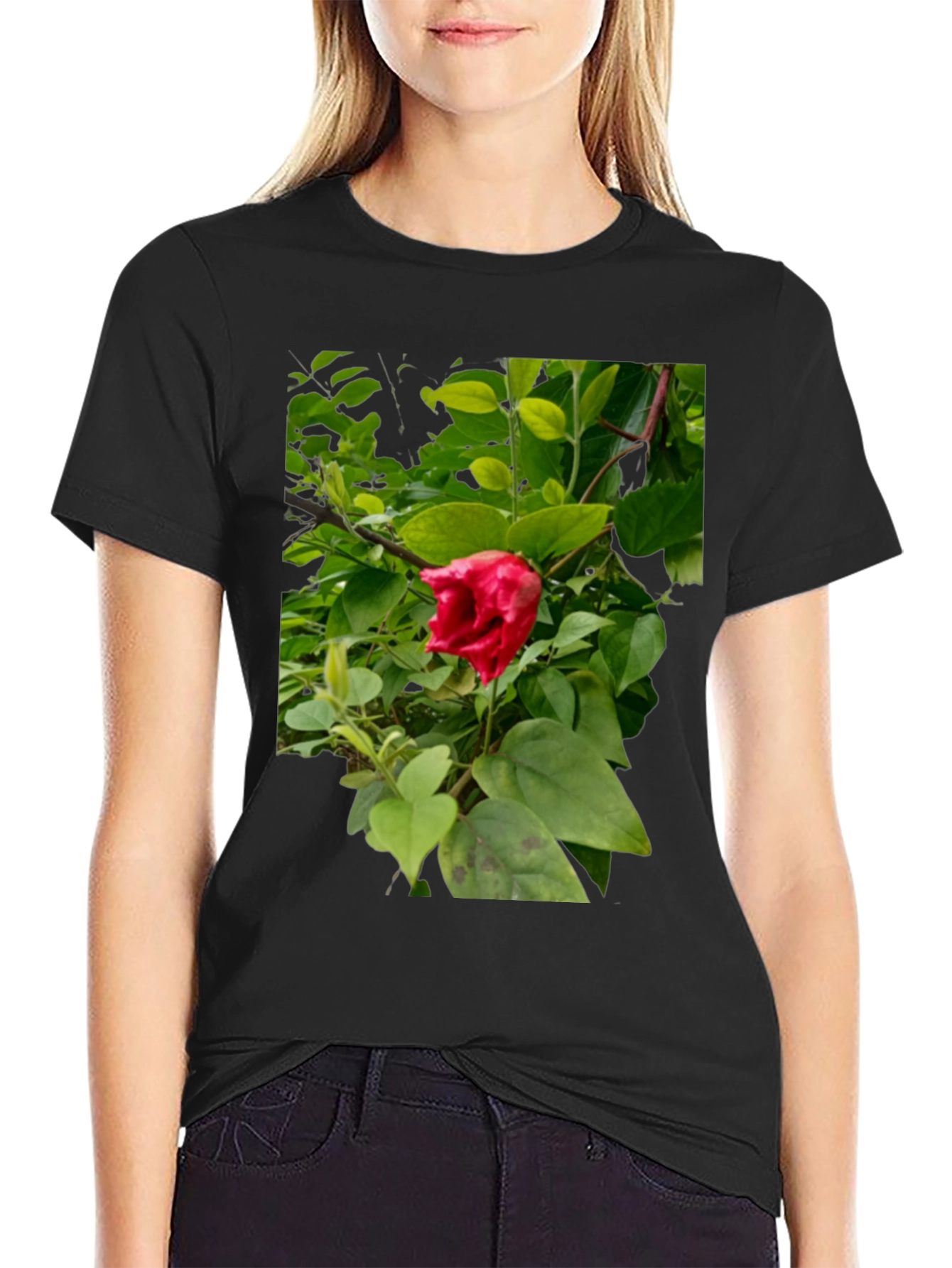 Red Hibiscus Floral Print Black T-Shirt
