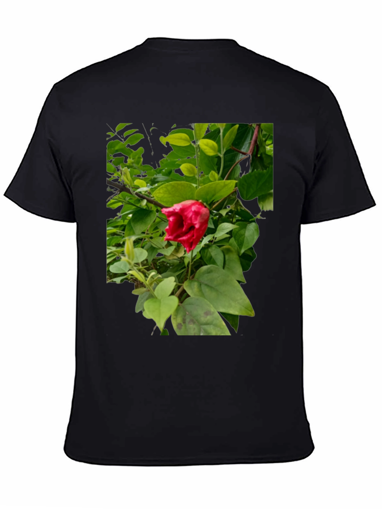 Red Hibiscus Floral Print Black T-Shirt
