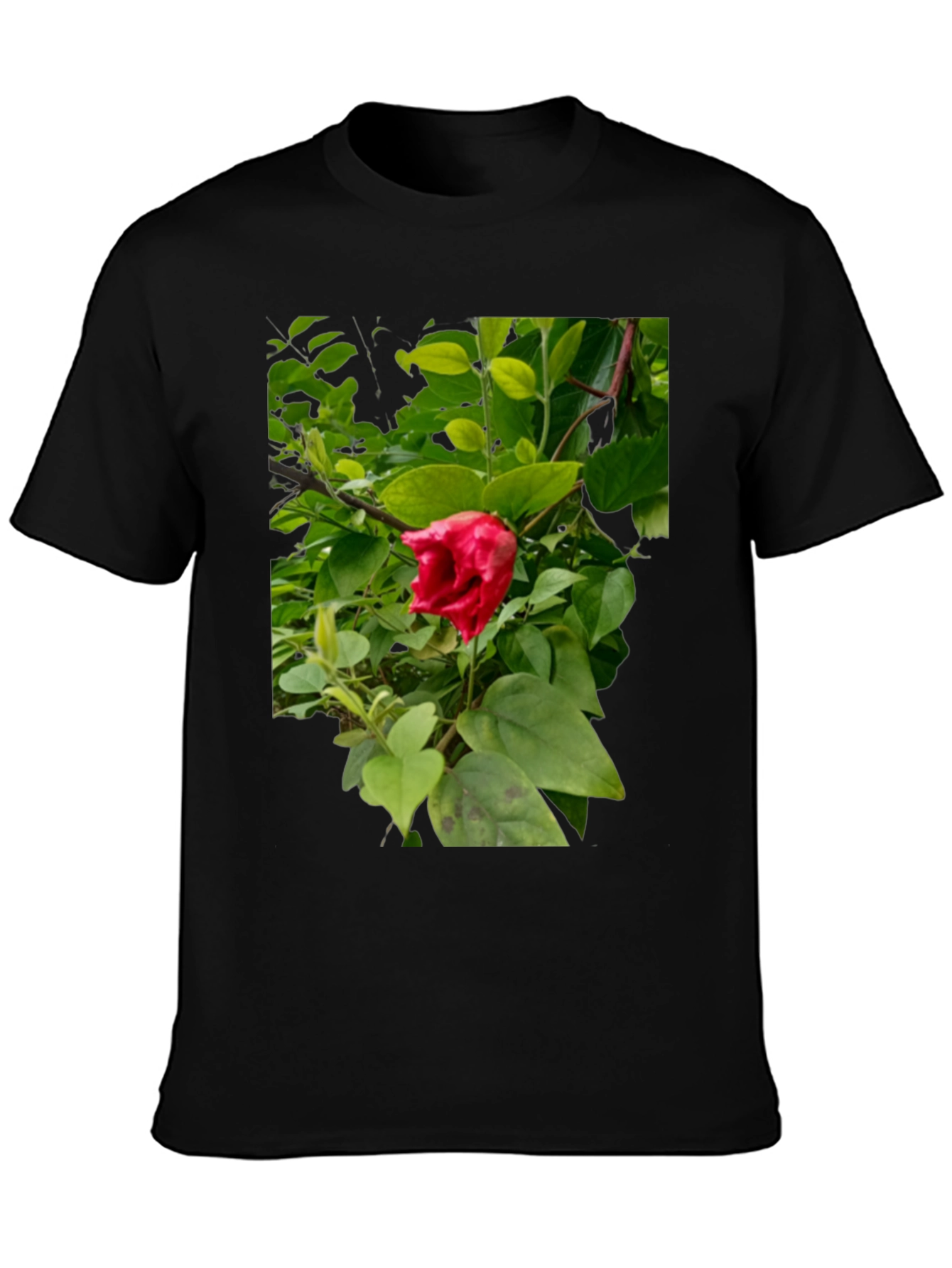 Red Hibiscus Floral Print Black T-Shirt