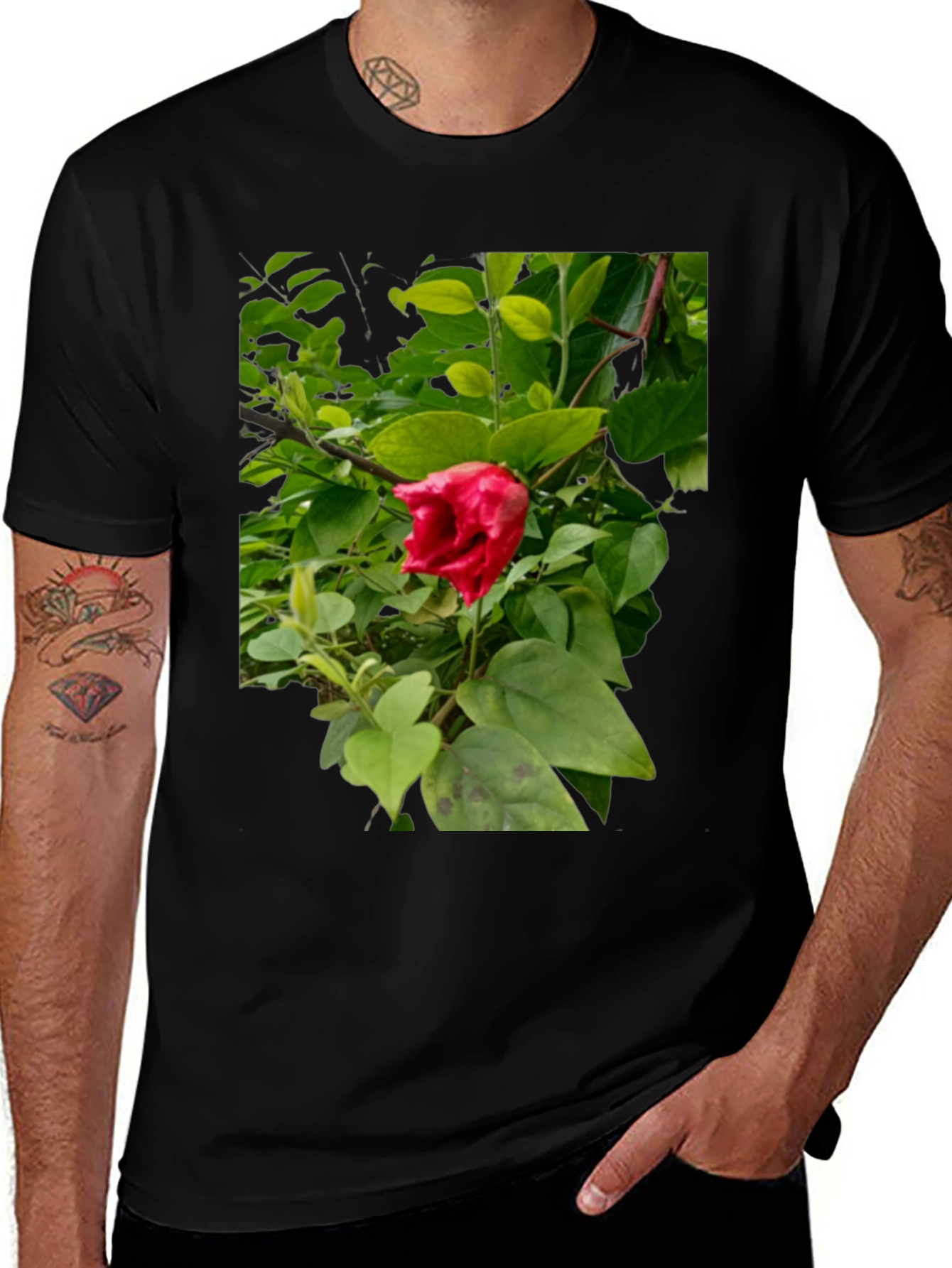Red Hibiscus Floral Print Black T-Shirt