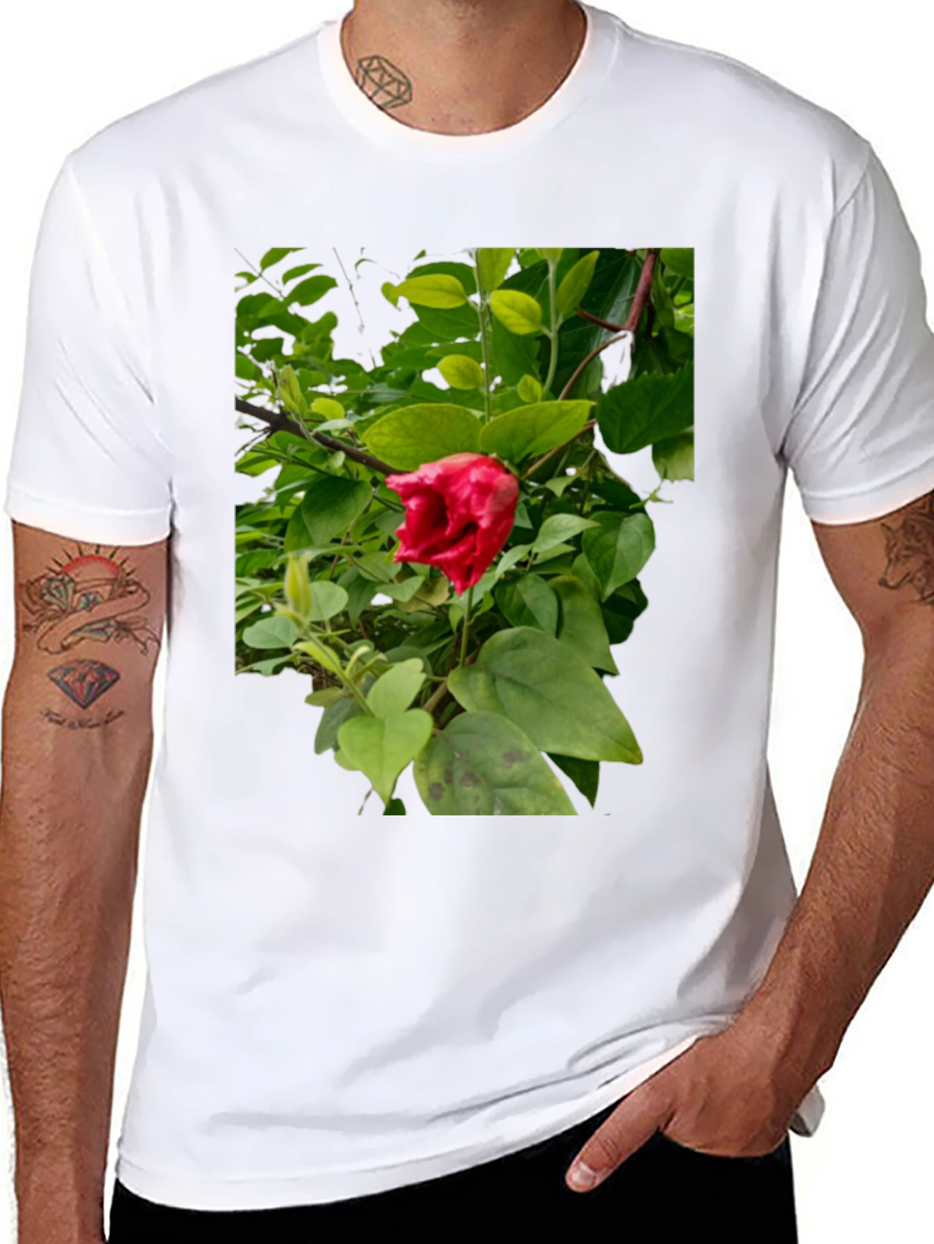 Red Hibiscus Floral Print Black T-Shirt