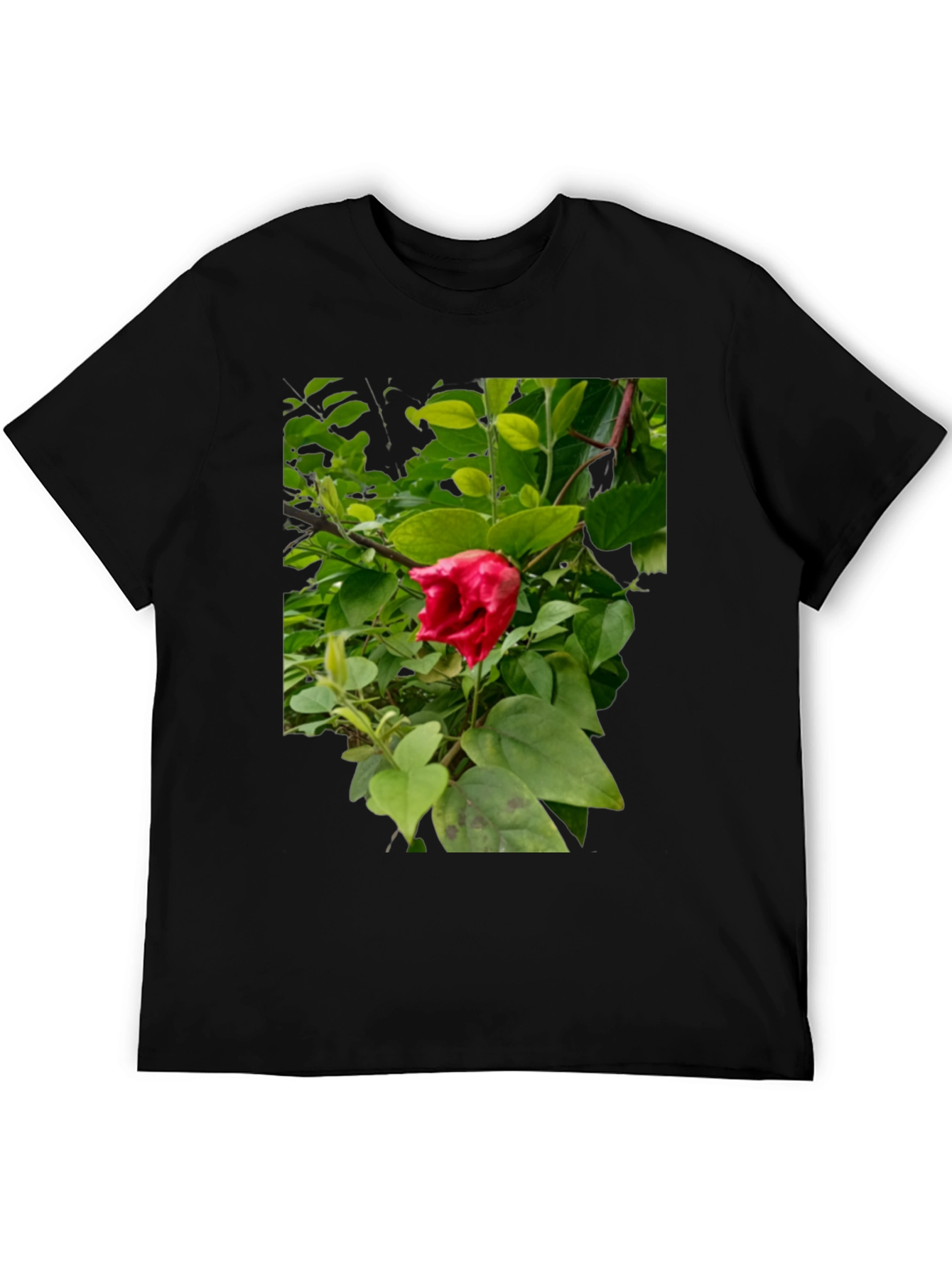Red Hibiscus Floral Print Black T-Shirt
