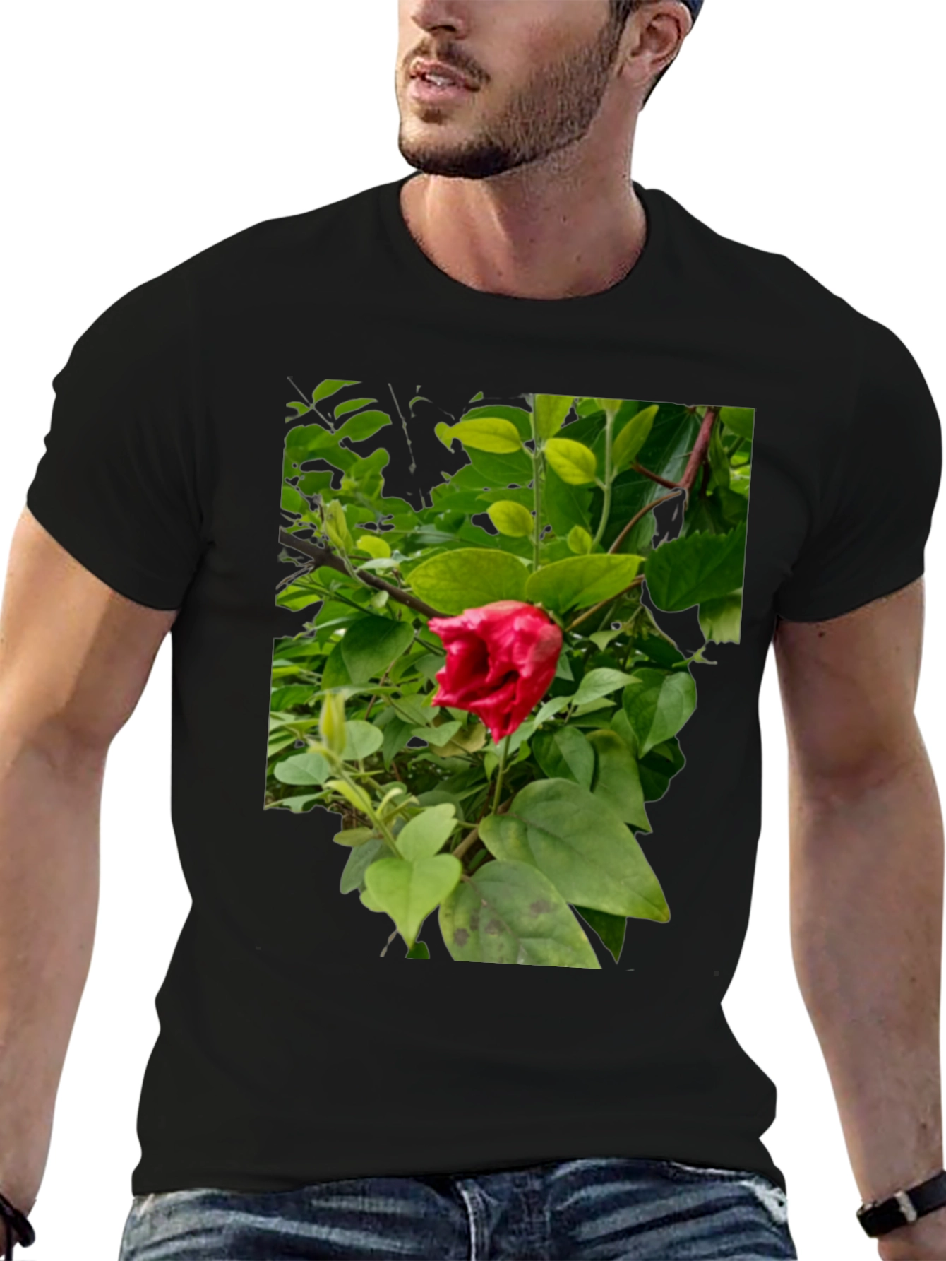 Red Hibiscus Floral Print Black T-Shirt