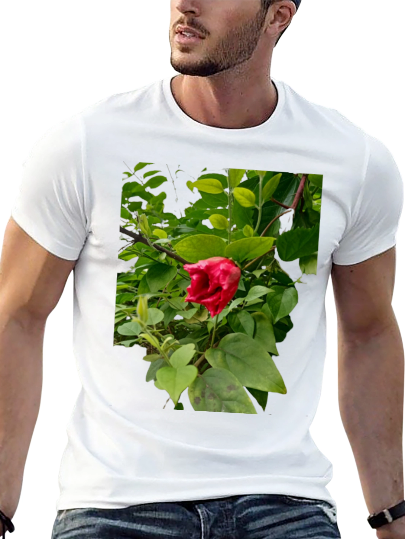 Red Hibiscus Floral Print Black T-Shirt